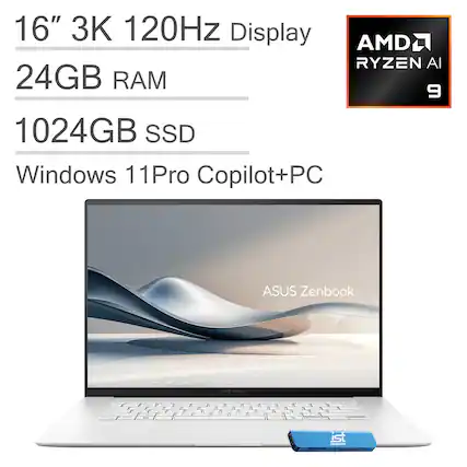 16" 3K 120Hz Display
24GB RAM
1024GB SSD
Windows 11 Pro Copilot+PC
AMD Ryzen AI 9
ASUS Zenbook