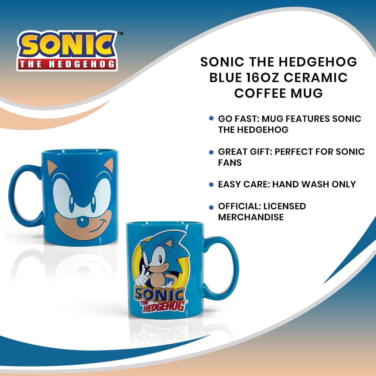 SONIC THE HEDGEHOG BLUE 16OZ CERAMIC COFFEE MUG

- GO FAST: MUG FEATURES SONIC THE HEDGEHOG
- GREAT GIFT: PERFECT FOR SONIC FANS
- EASY CARE: HAND WASH ONLY
- OFFICIAL: LICENSED MERCHANDISE