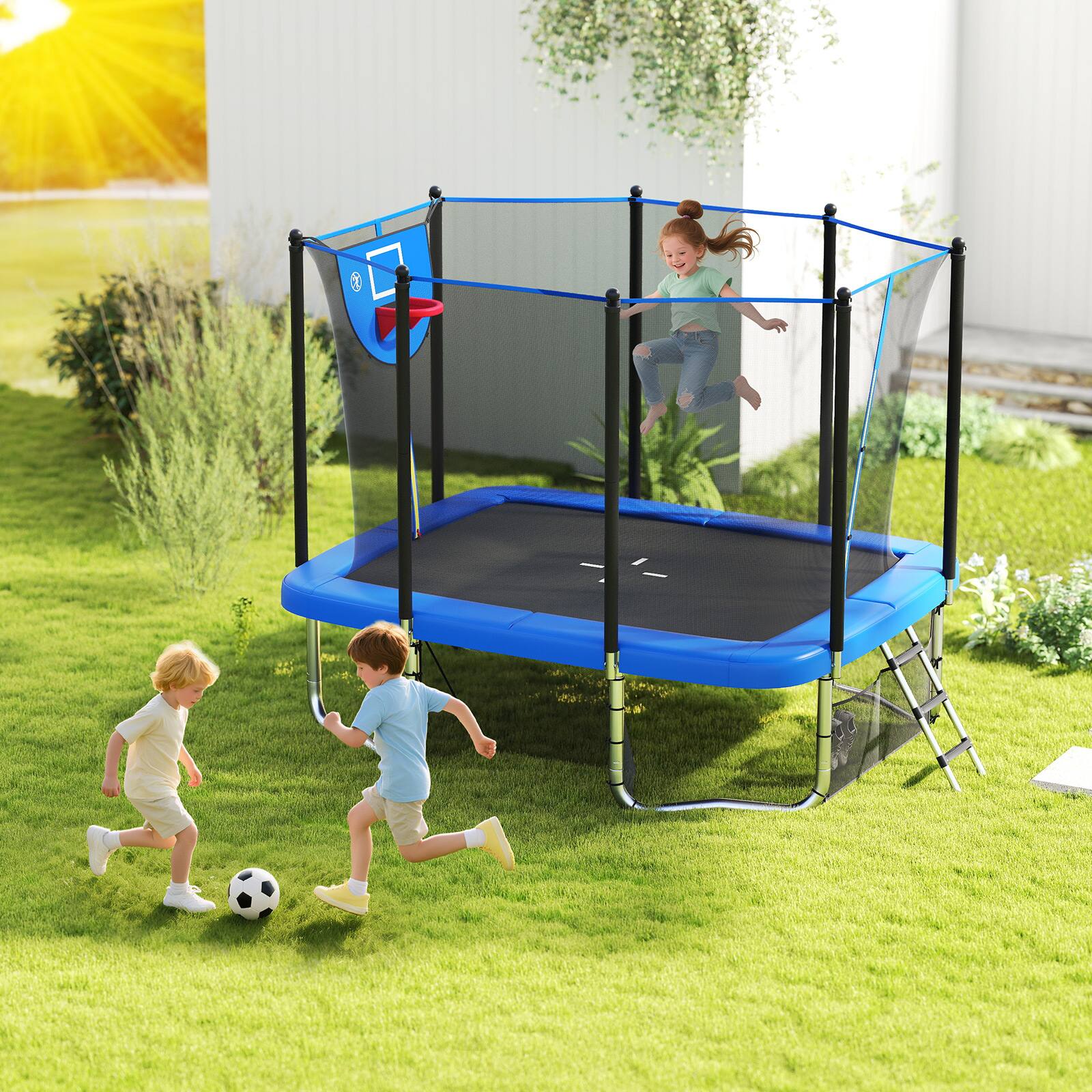 Alt View 1. Gymax - Gymax 10 x 8 FT Heavy-Duty Trampoline w/Basketball Hoop Soccer Goal Non-Slip Ladder Blue - Blue.
