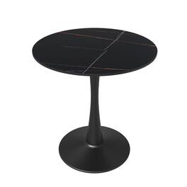 LeisureMod - Bristol 24 Inches Round Dining Table with MDF/Stone Accent Café Table & Sturdy Steel Black Pedestal Base - Stone - Black