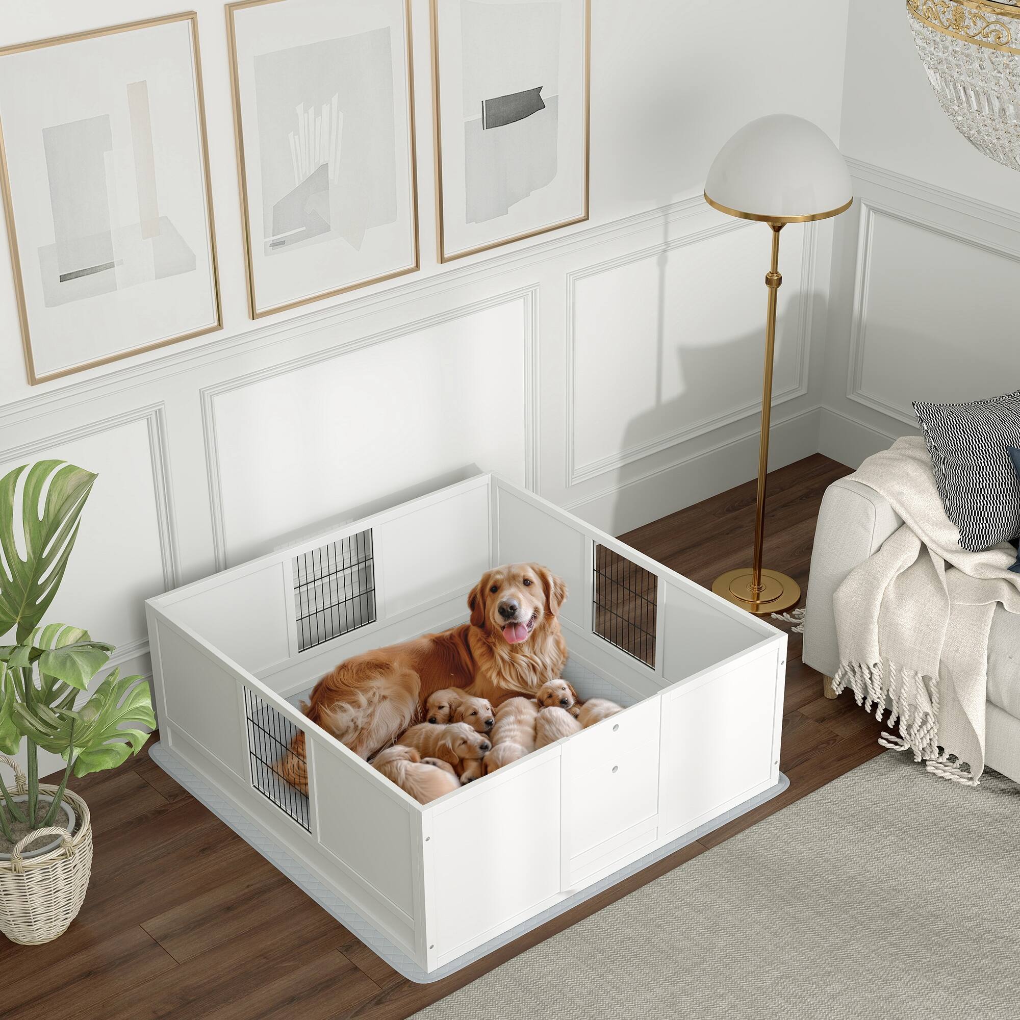 Angle. Pawhut - Whelping Box for Dogs, Box with Waterproof Pee Pad, Adjustable Height Door, Large Dogs, 49"x47"x19".