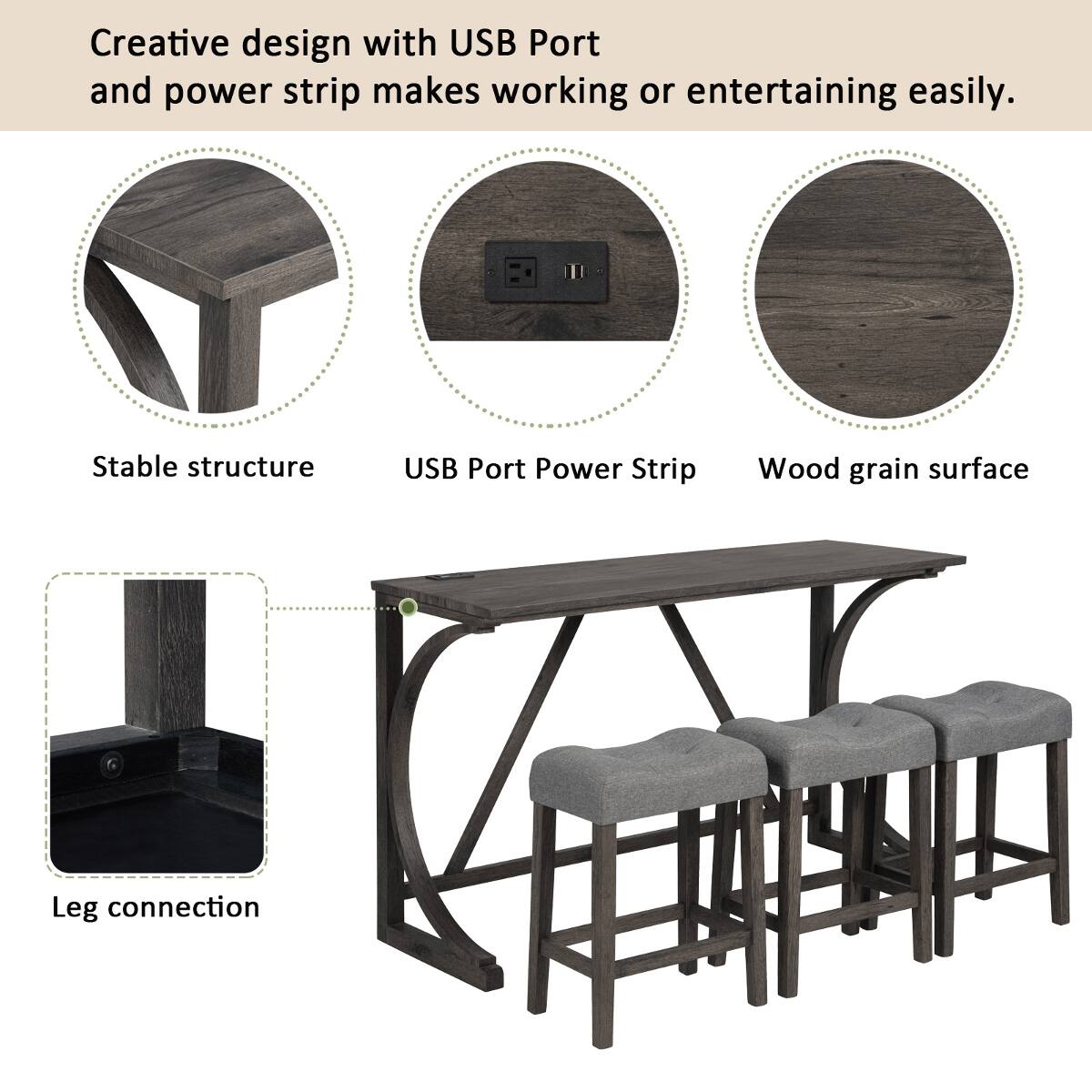 Creative design with USB Port and power strip makes working or entertaining easily.

- Stable structure
- USB Port Power Strip
- Wood grain surface
- Leg connection