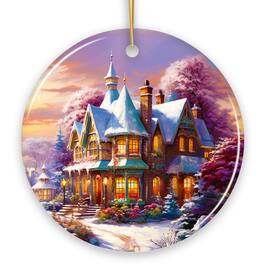 OrnamentallyYou - Serene Snowy House Painting Christmas Ornament Tranquil Winter Wonderland Decor Keepsake Circle - Multi-colored