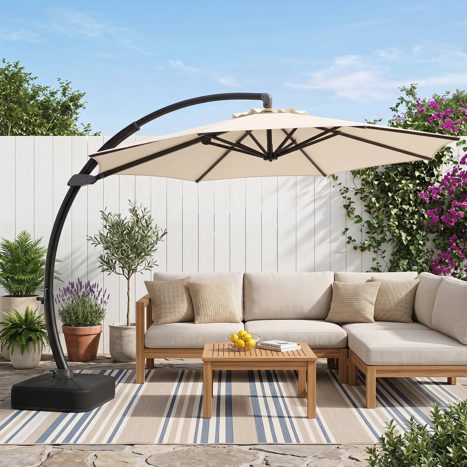Alt View 1. Costway - Costway 11 FT Cantilever Patio Umbrella with Base, 360° Rotation & Tilt Adjustment for Yard - Beige.