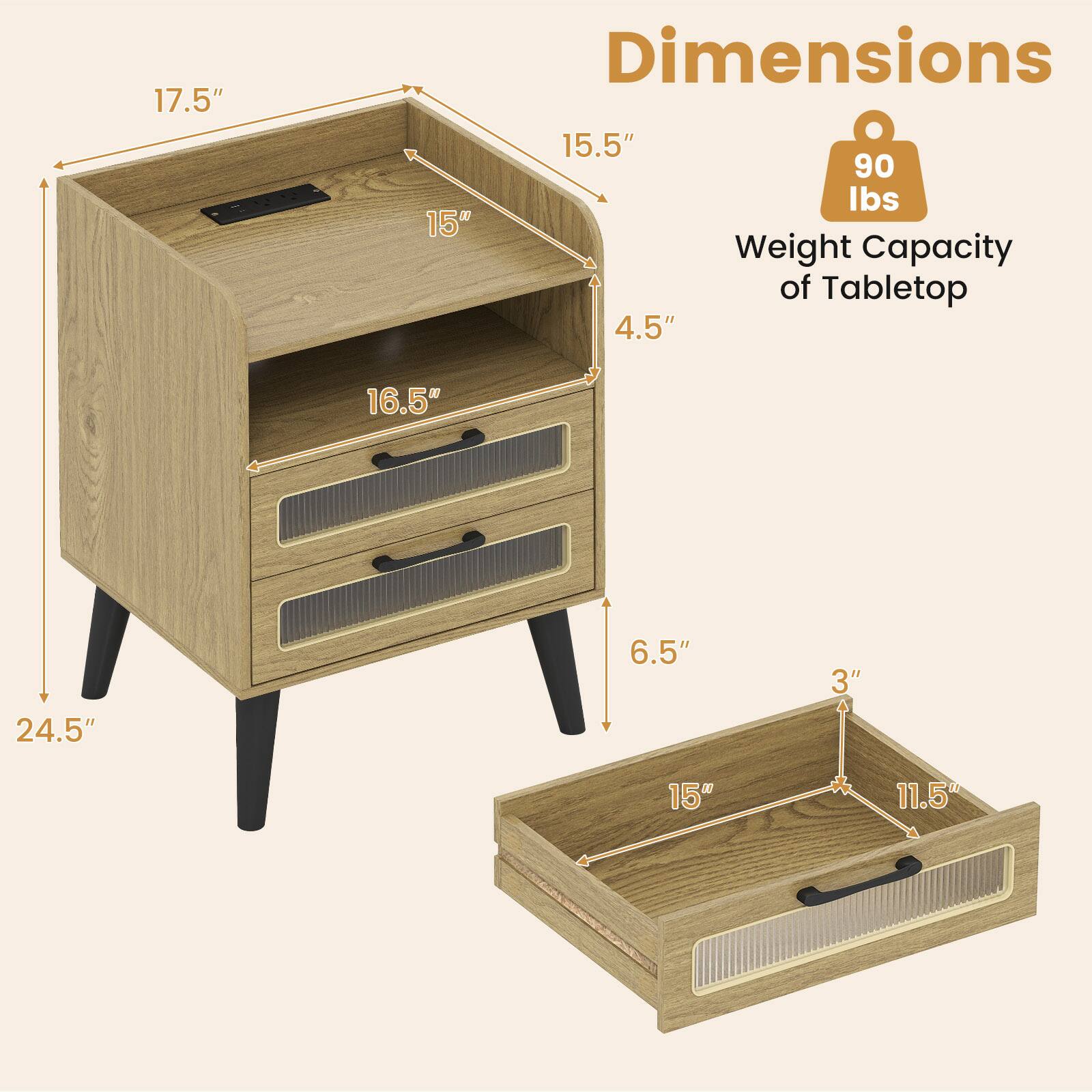 17.5" x 15.5" x 24.5"  
15" x 16.5" x 4.5"  
Weight Capacity of Tabletop: 90 lbs  
Drawer Dimensions: 15" x 11.5" x 6.5" x 3"