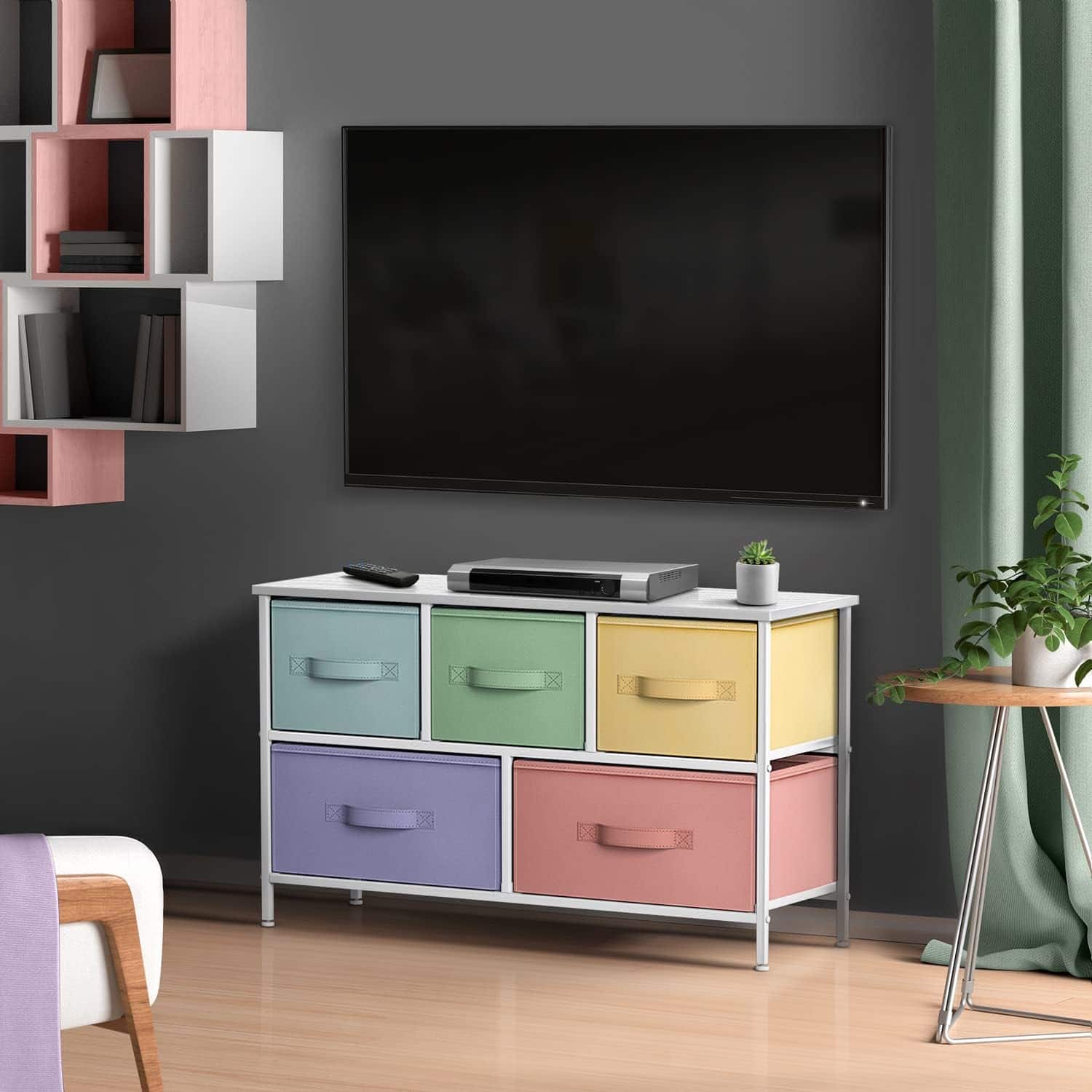 Sorbus - TV Stand Dresser with 5 Drawers - Television Riser Chest with Storage - Fits Most TVs, Bedroom, Living Room - Pastel