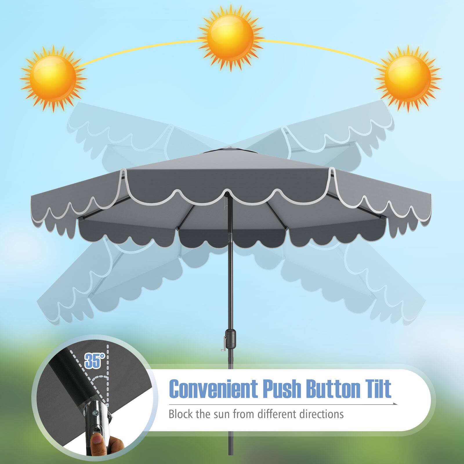 The text on the image reads: "Convenient Push Button Tilt Block the sun from different directions."