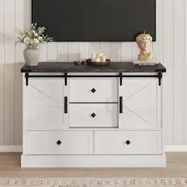 Jojoka - 45" Farmhouse TV Stand for 50 Inch TV, Sliding Barn Doors, 4 Drawers, Adjustable Shelves - White