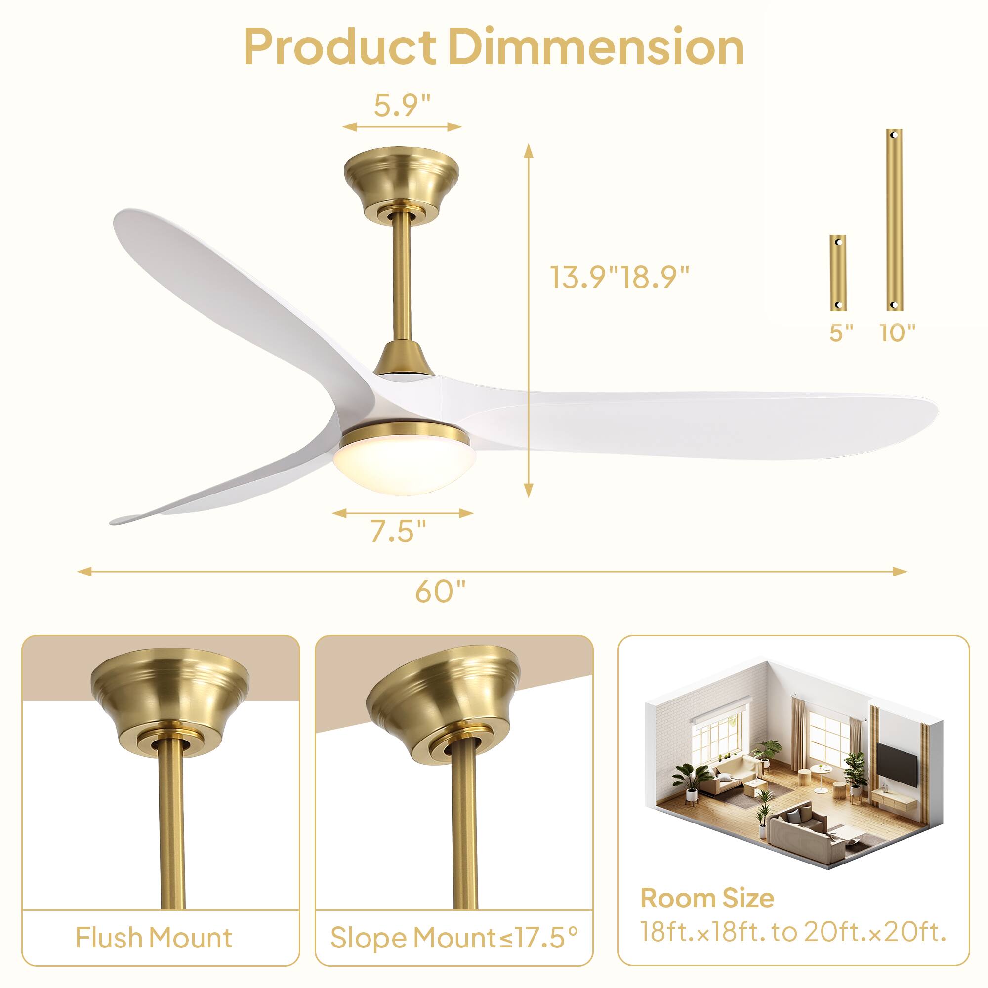 Product Dimension  
5.9" 13.9" 18.9" 5" 10" 7.5" 60"  
Flush Mount  
Slope Mounts ≤17.5°  
Room Size: 18ft.x18ft. to 20ft.x20ft.