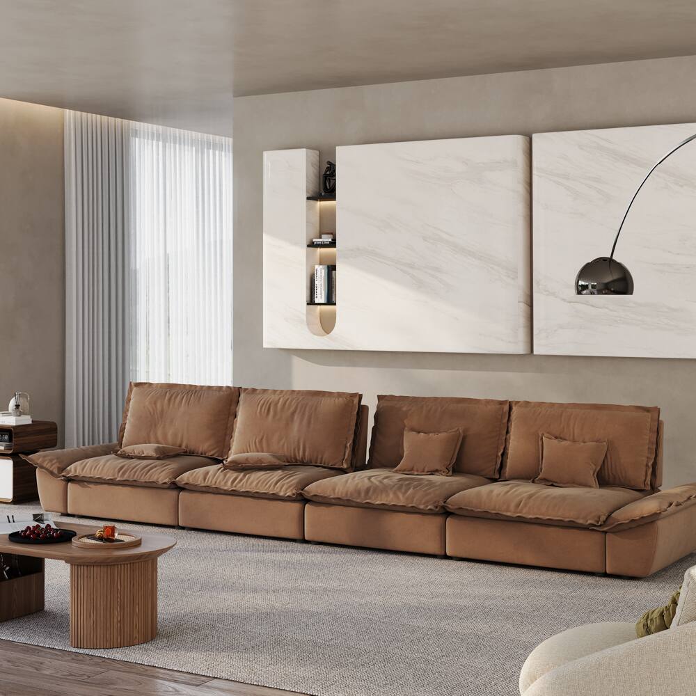 Left. POVISON - 182.67" Modern Deep Sofa with Adjustable Backrest - Brown Suede Fabric.