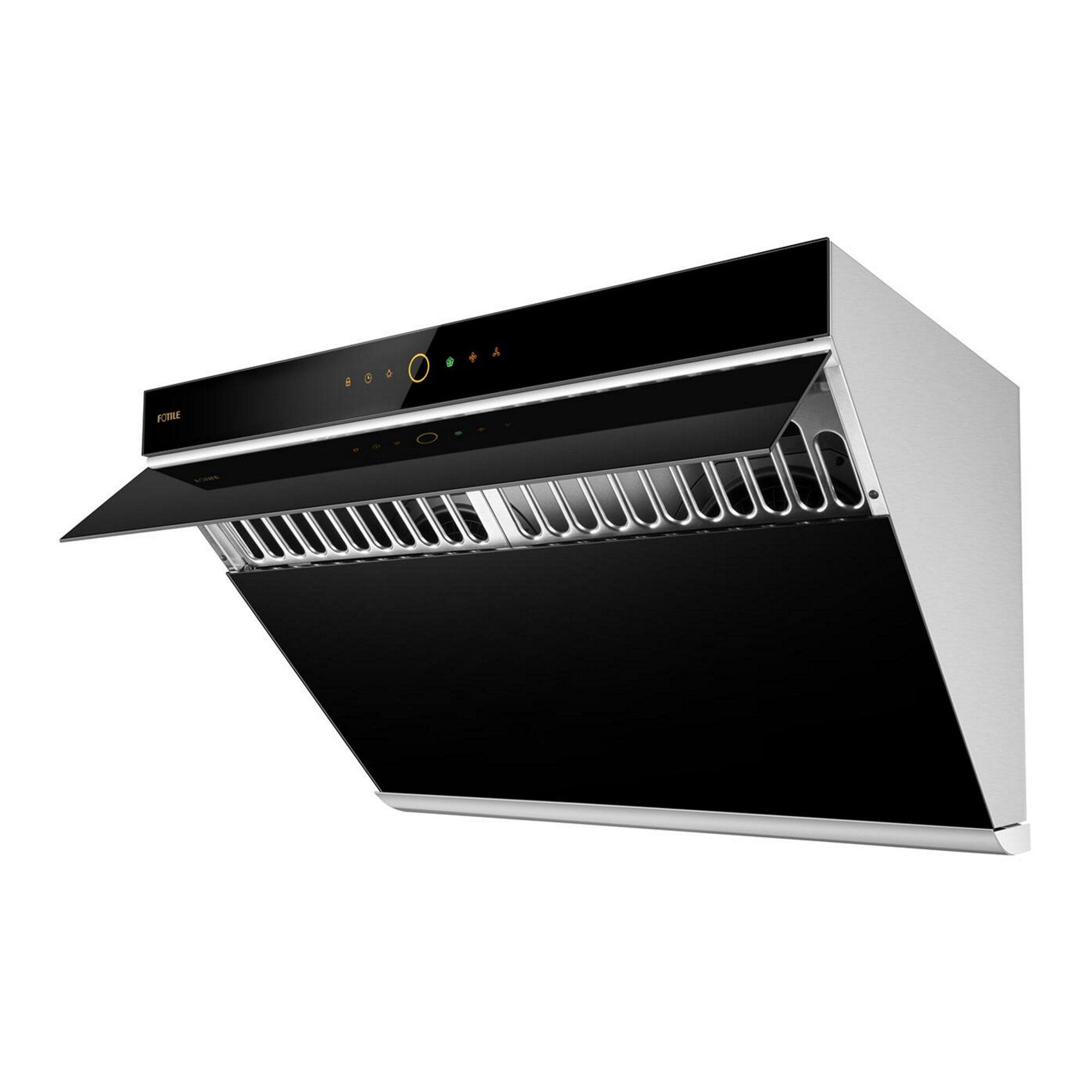 The image shows a stainless steel range hood with a black front. The hood is designed to be installed above a stove, providing ventilation and protection from heat and smoke. The hood is made of stainless steel, which is a durable and heat-resistant material. The hood is also equipped with a built-in light, which can be turned on to illuminate the cooking area. The hood is a modern and functional addition to any kitchen, providing both aesthetic appeal and practical benefits.