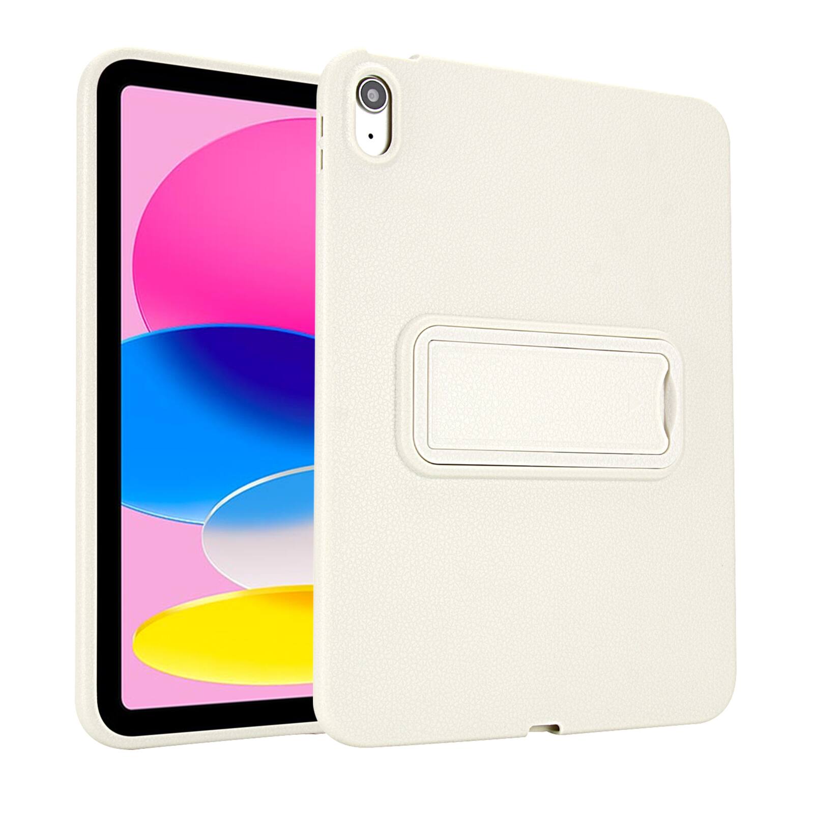 Angle. Dteck - Shockproof Case for Apple iPad mini (A17 Pro) 2024, Rugged Slim Leather Texture Protective Cover with Folding Kickstand - White.