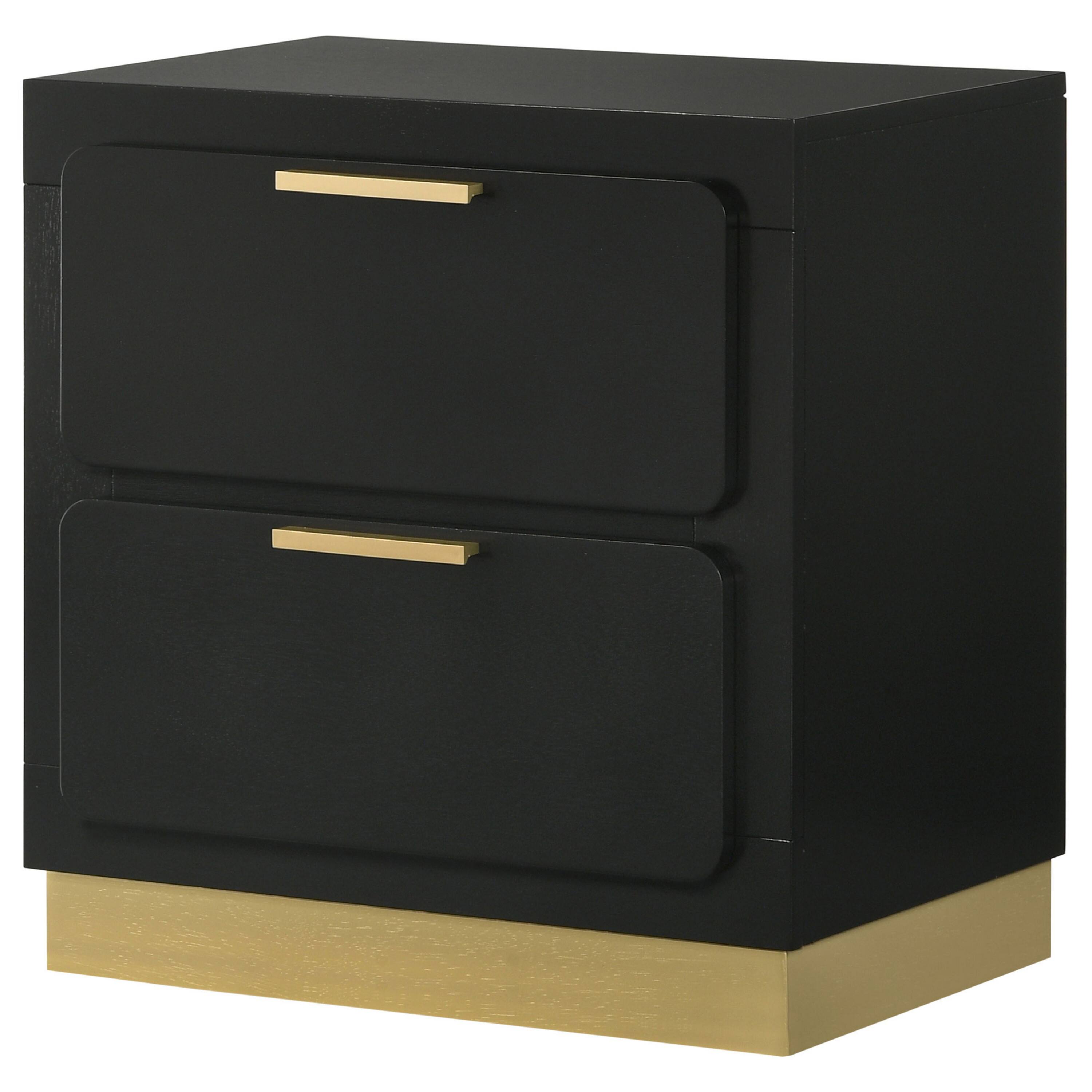Left. Manhattan Lane - Caer Nightstand, 2 Drawers,  Accent Recessed Base, Bar Handles, - Black, Gold.