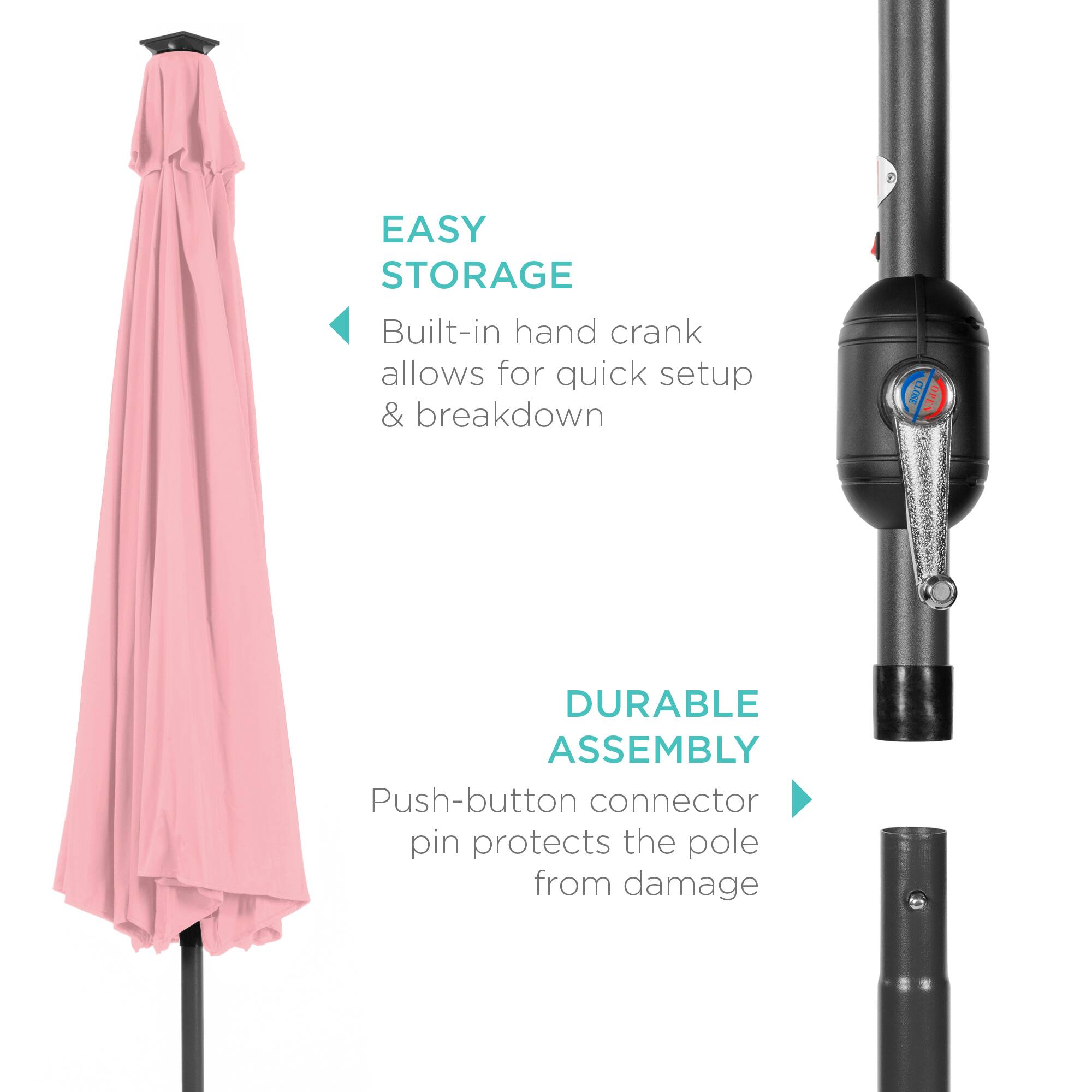 EASY STORAGE: Built-in hand crank allows for quick setup & breakdown.  
DURABLE ASSEMBLY: Push-button connector pin protects the pole from damage.