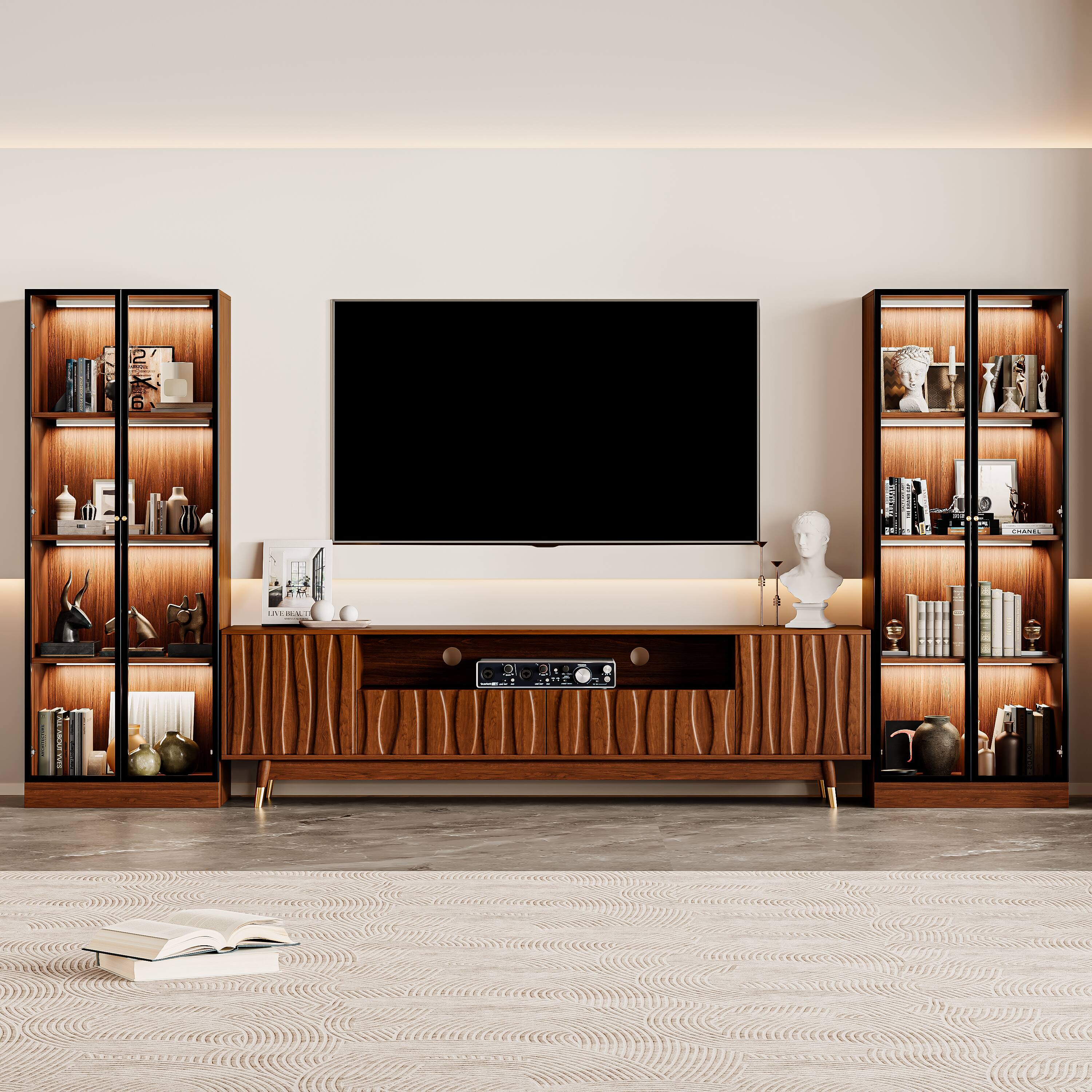 Alt View 1. MSOOB - 125.9''W Walnut Furniture Set Includes A TV Stand and Two Glass Display, For TVs up to 85'', For Display and Collection - brown.