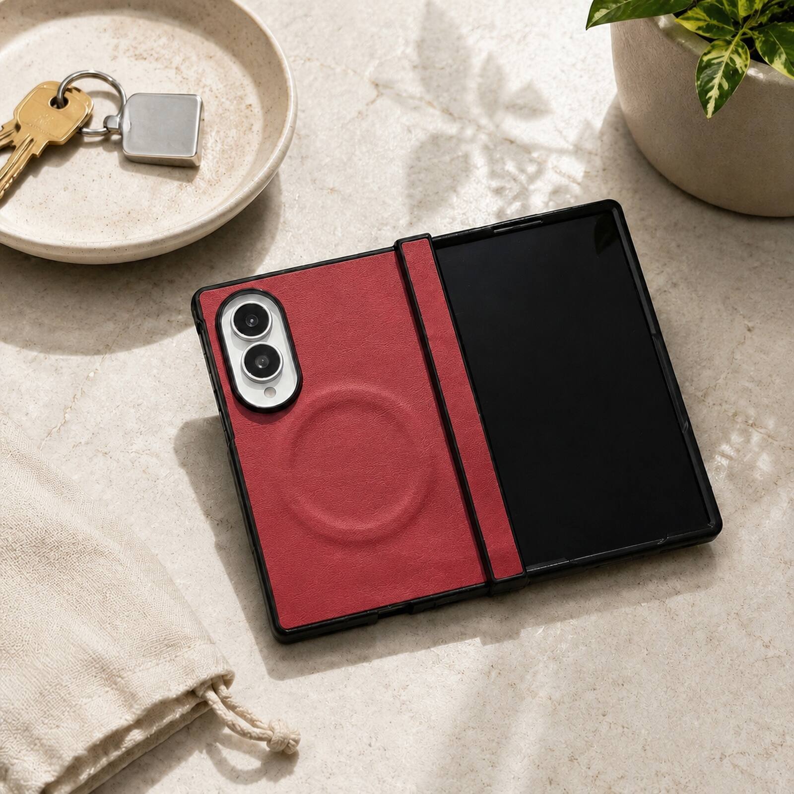 Left. Dteck - Magnetic Hinge Protection Case for Samsung Galaxy Z Fold8, Shockproof PC+TPU Wireless Charging Folio Cover - Red.
