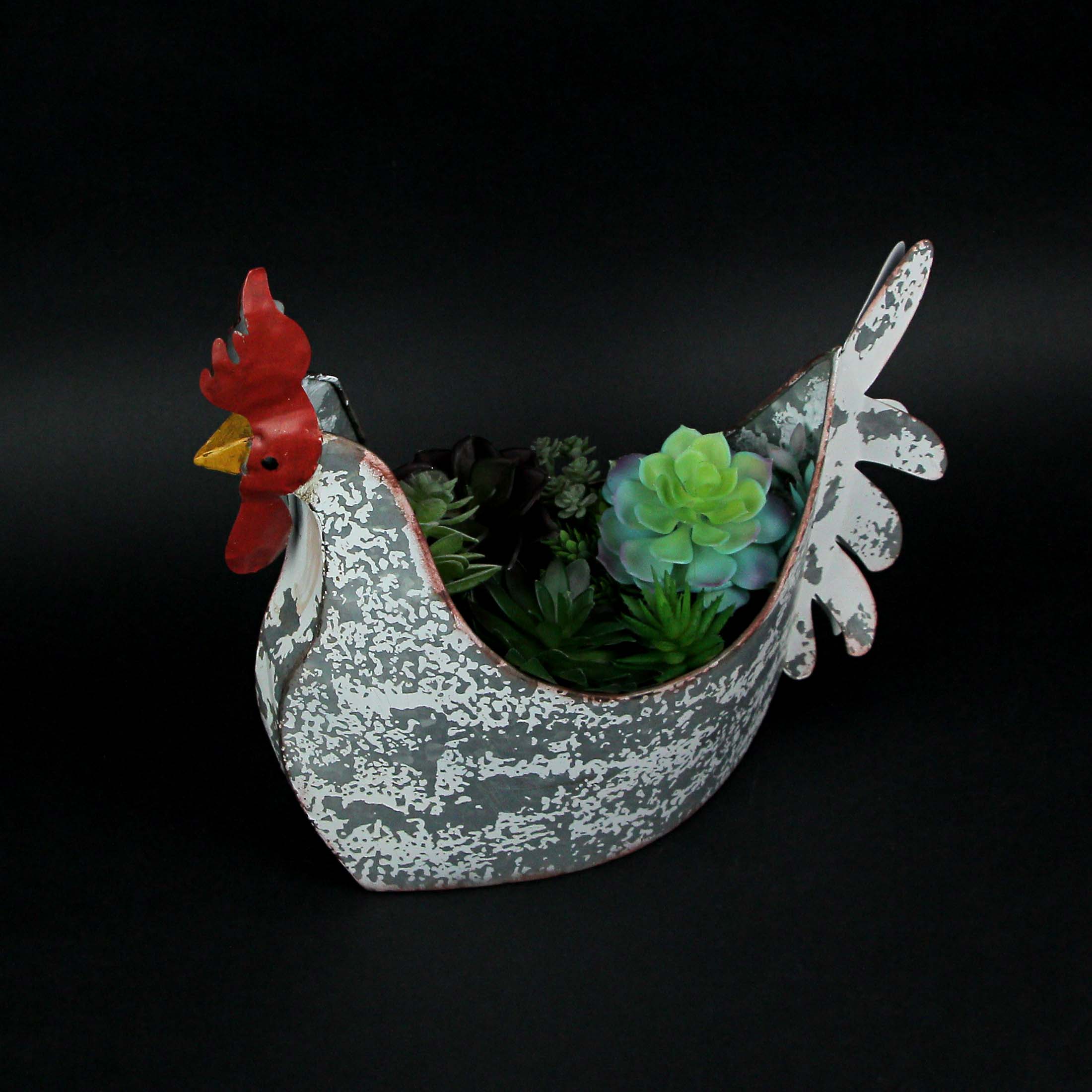 Alt View 3. Zeckos - Weathered White Galvanized Metal Rooster Planter - Farmhouse Garden Decor - Silver.