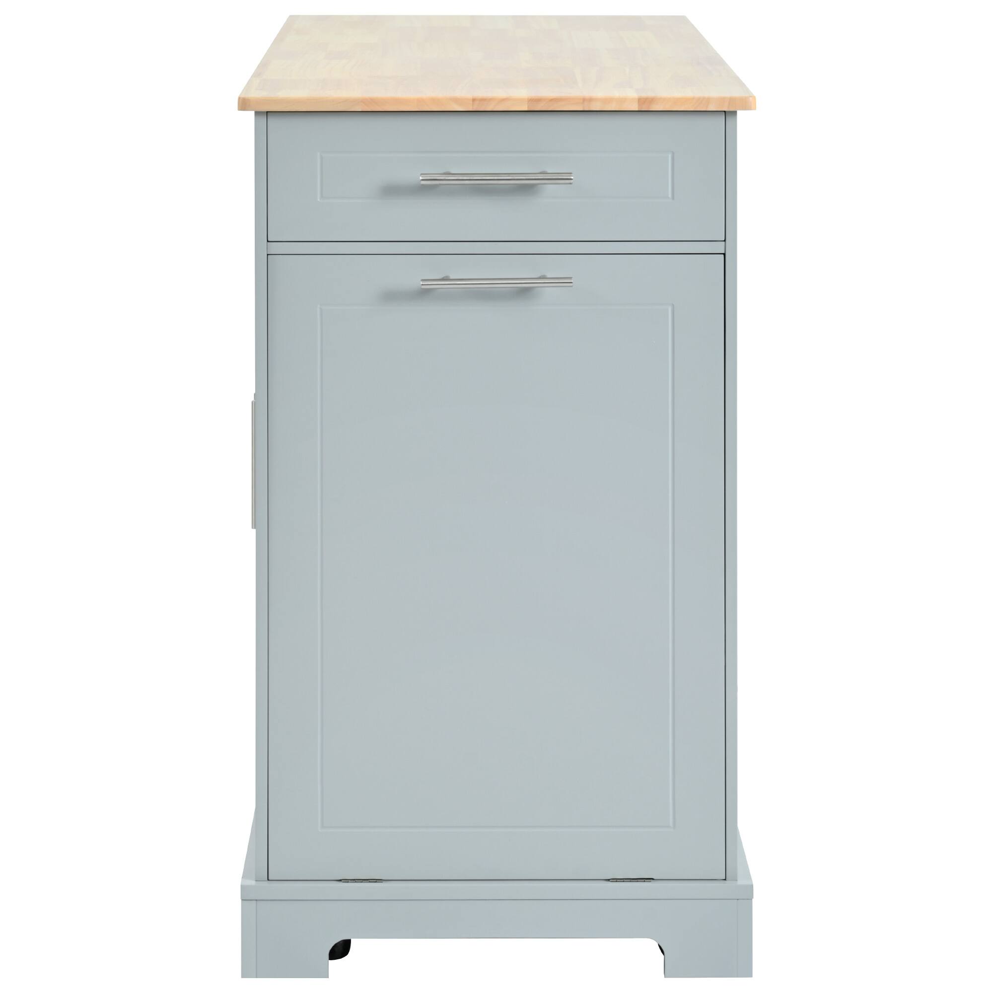 Alt View 6. Forest'nSky - Fluted Rolling Kitchen Island with Trash Can Cabinet, Power Outlet, 3 Drawers  for 10-Gallon Bin, Grey Blue - Grey Blue.