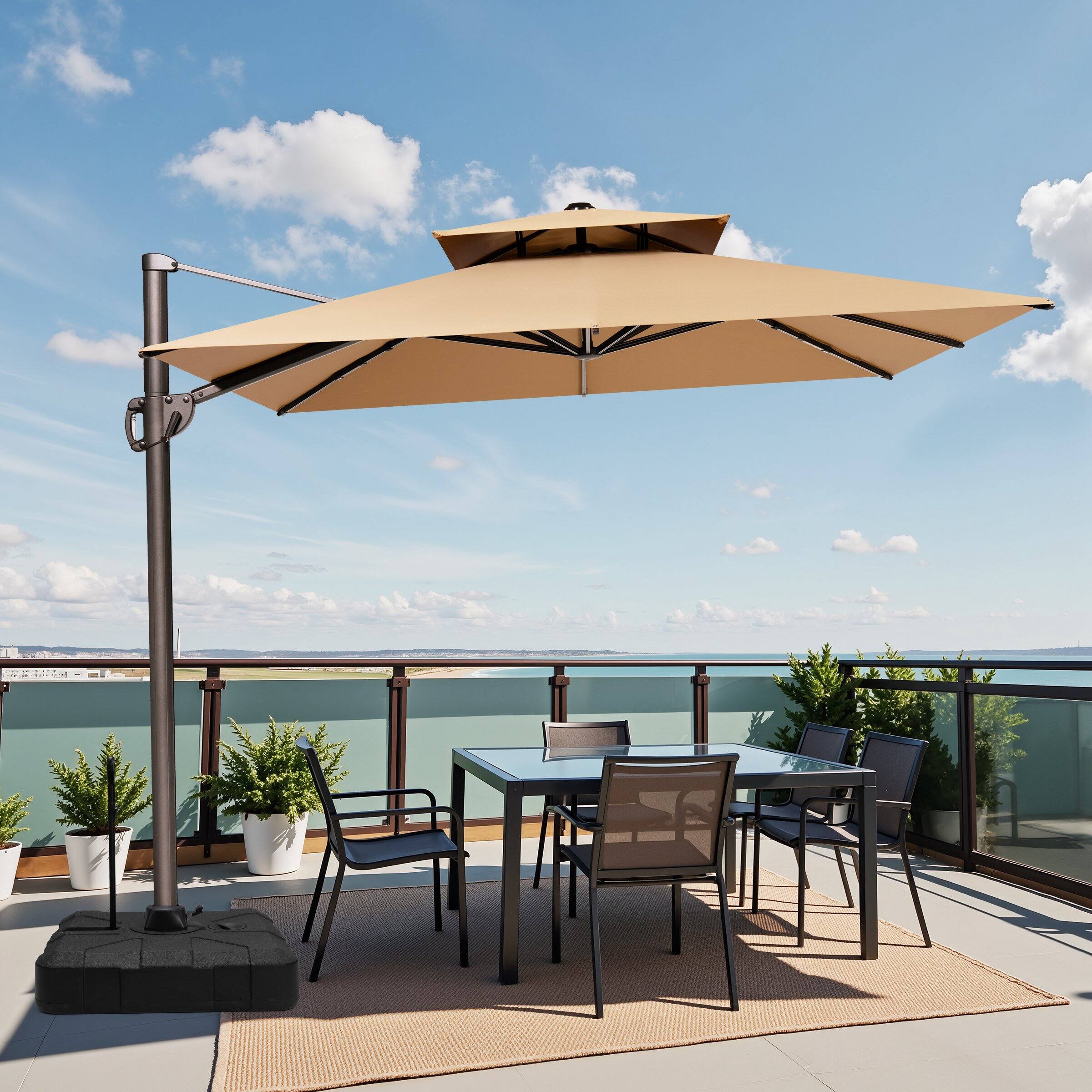 Angle. Crestlive Products - Crestlive Products 11-ft Aluminum Tan Slide-tilt Cantilever Patio Umbrella with Base - Brown.