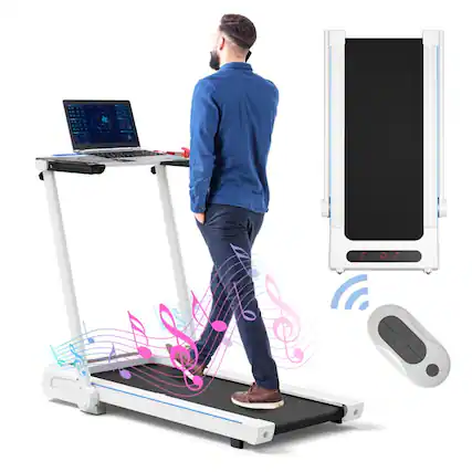 Front. Pefilos - 3-in-1 Folding Treadmill with Large Desk and LCD Display, Treadmill with Non-slip Running Belt, Home Fitness Equipment - White.