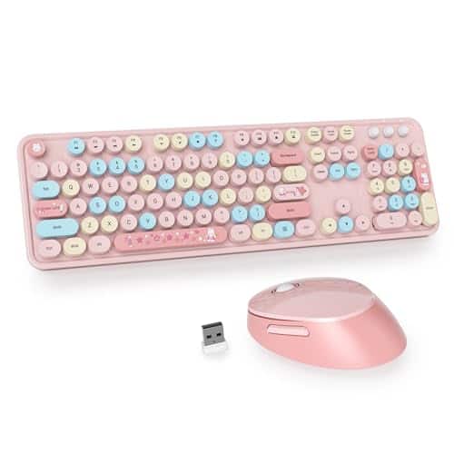 Pacoar Cade - Pink And Mouse Wireless Cute Colorful Typewriter Full-sized With Number Pad Round Keycaps For Desktop Laptop Computer - Colorful Pink