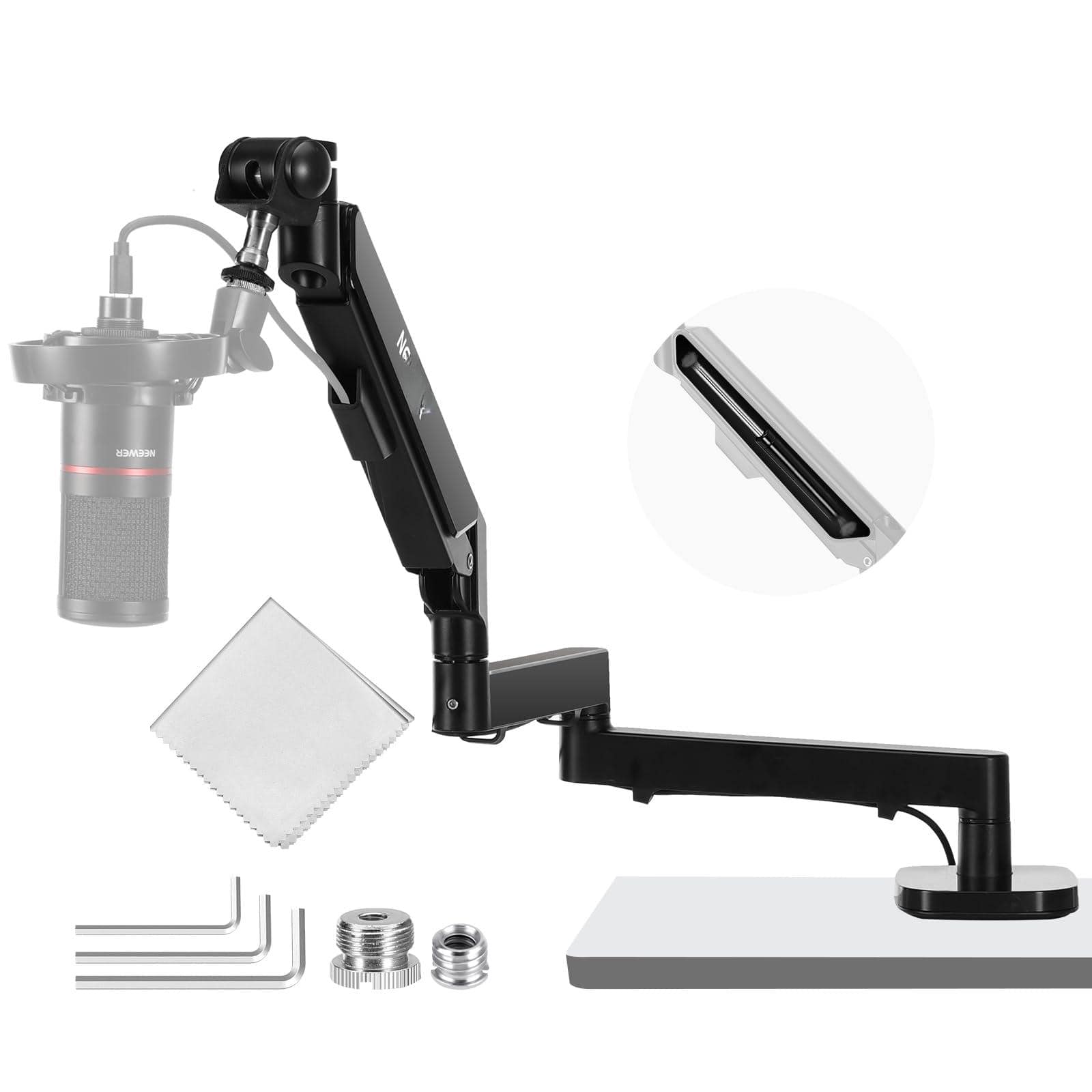 Fabibe - Low Profile Mic Arm Desk Stand Mount With Damping 360° Swivel Articulating Boom Arms Heighten Pole & Cable