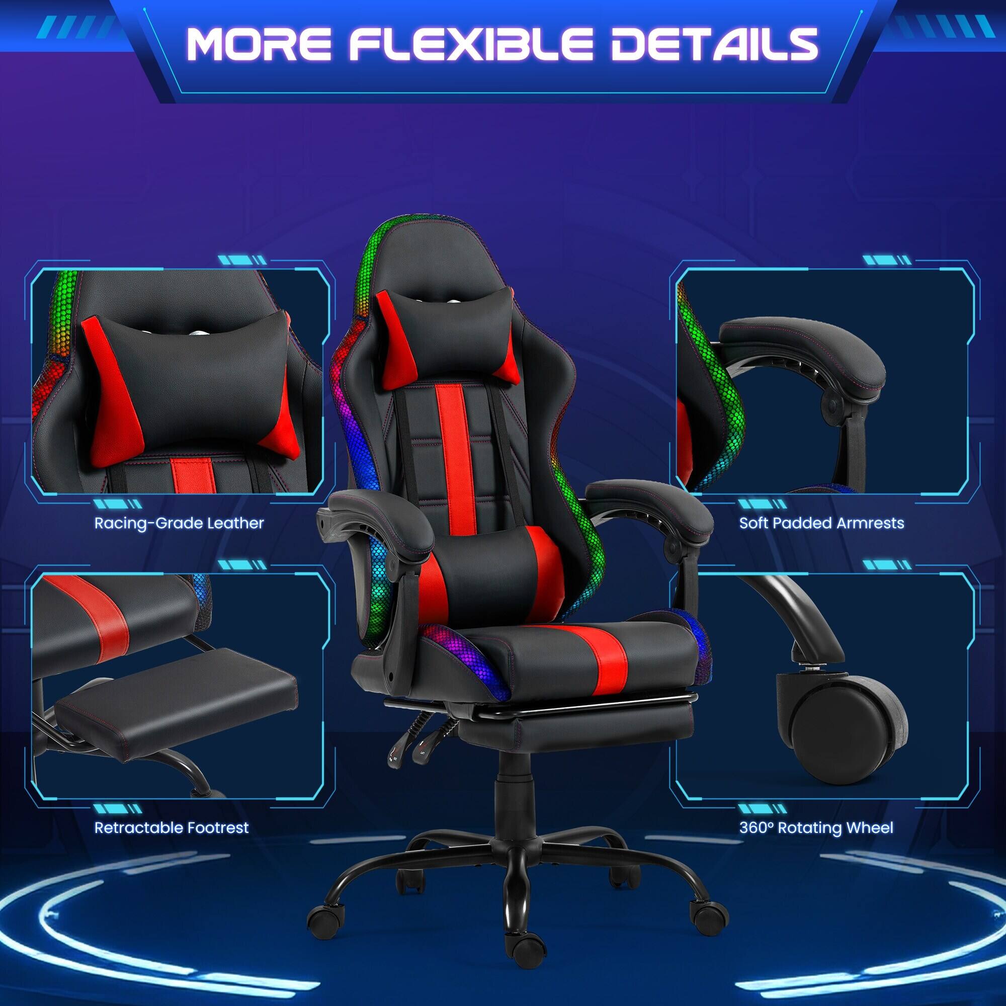 MORE FLEXIBLE DETAILS

- Racing-Grade Leather
- Soft Padded Armrests
- Retractable Footrest
- 360° Rotating Wheel