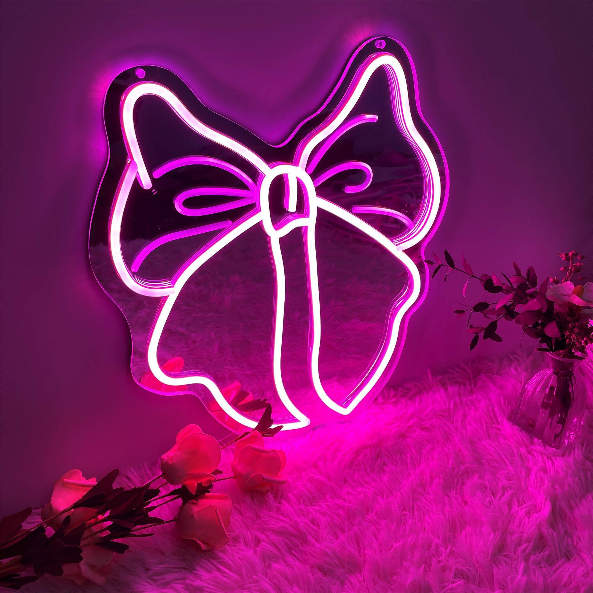 Left. Comfort Essence - Bow Mirror Neon Sign Lighted Wall Decor For Makeup Vanity Aesthetic Gift Her 15" 12 7" Unique DesignWall - Baby Pink D-Bow-Large.