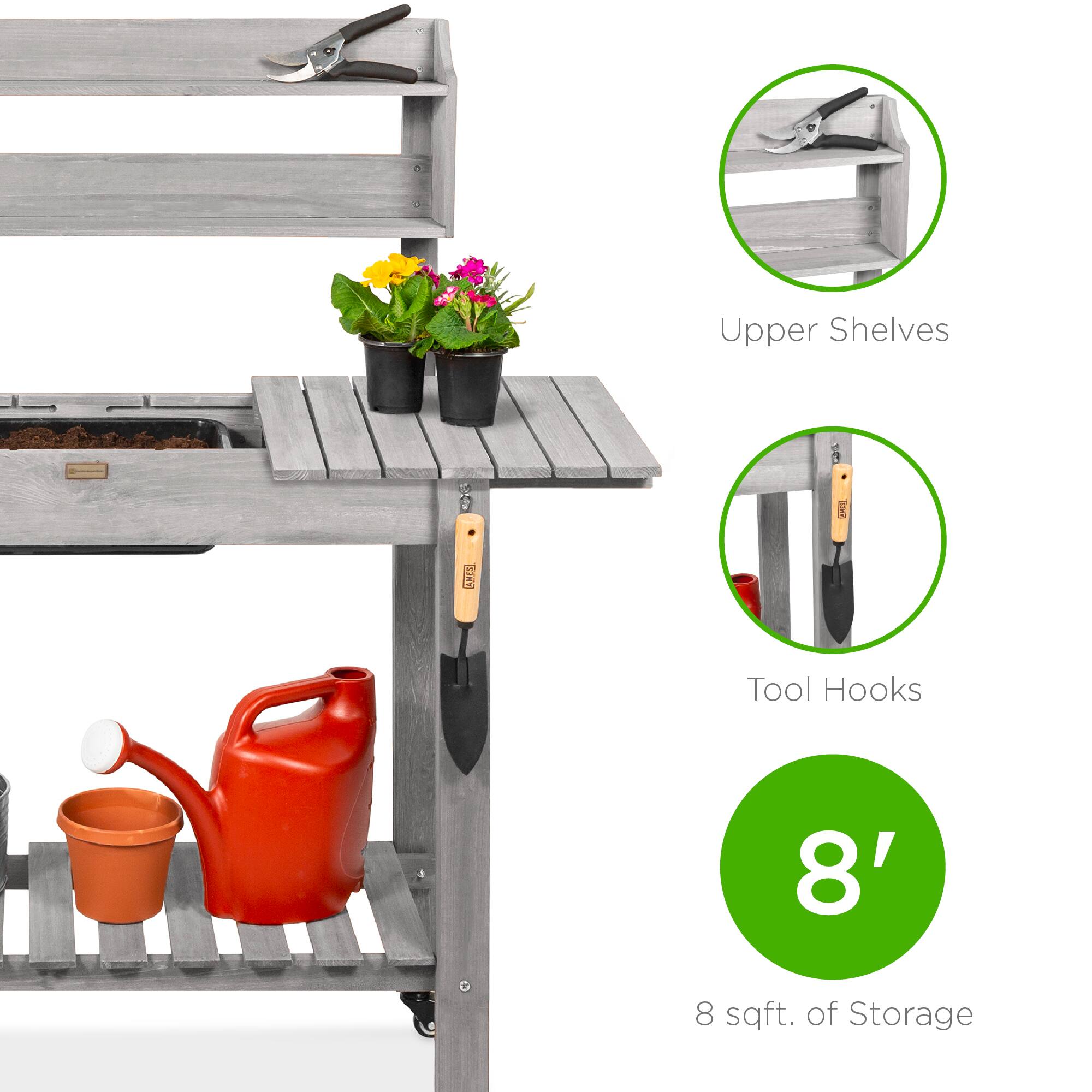 Upper Shelves  
Tool Hooks  
8'  
8 sqft. of Storage