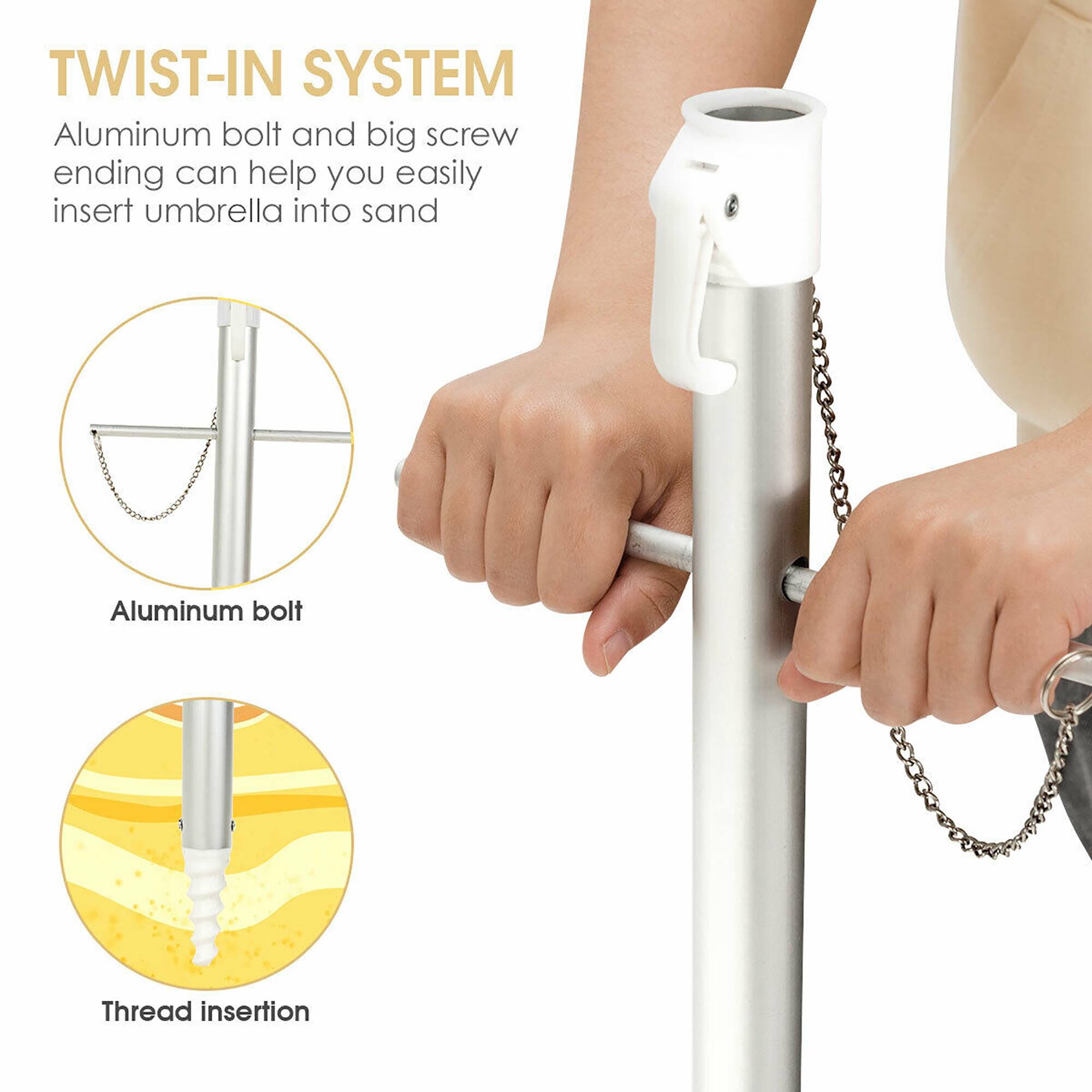 TWIST-IN SYSTEM

Aluminum bolt and big screw ending can help you easily insert umbrella into sand

Aluminum bolt

Thread insertion
