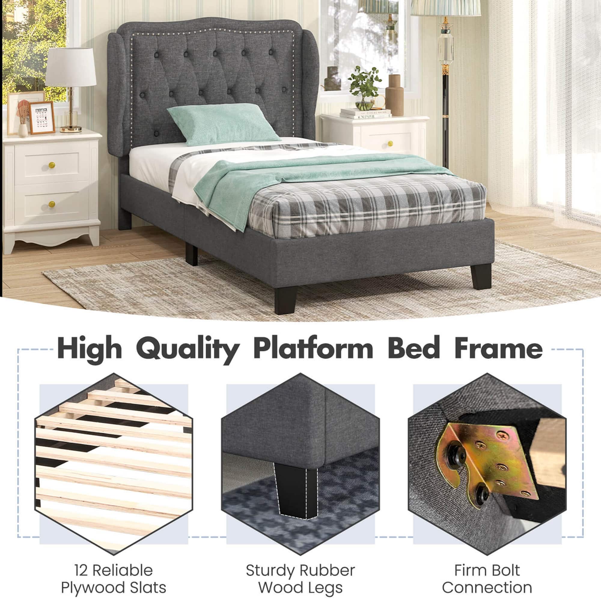 High Quality Platform Bed Frame 12 Reliable Plywood Slats Sturdy Rubber Wood Legs Firm Bolt Connection