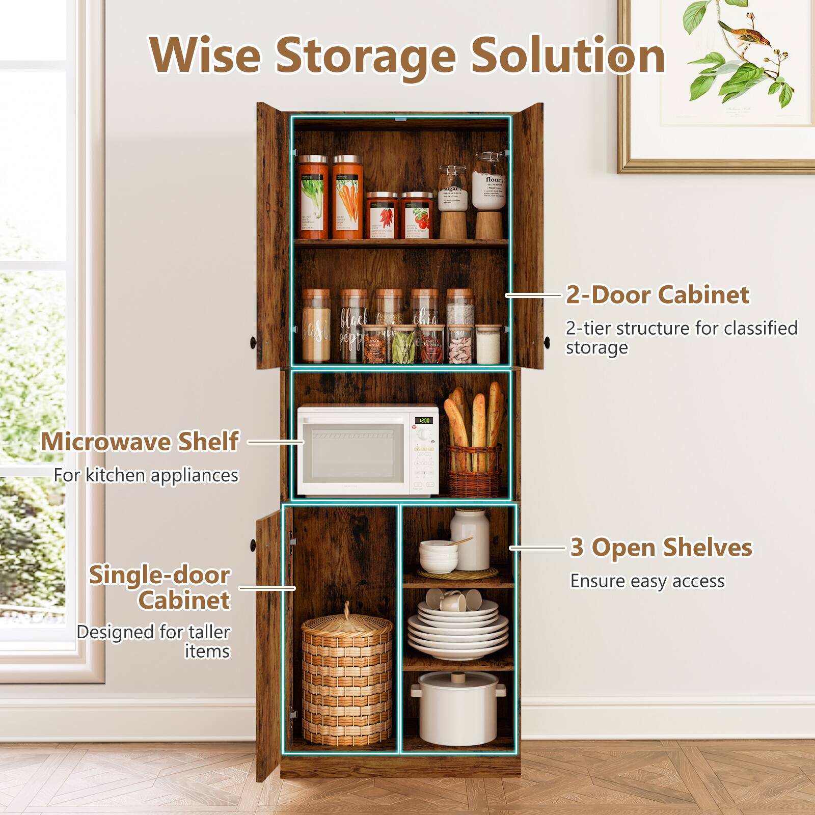 Wise Storage Solution: 2-Door Cabinet with 2-tier structure for classified storage, Microwave Shelf for kitchen appliances, and Single-door Cabinet designed for taller items. Additionally, there are 3 Open Shelves to ensure easy access.