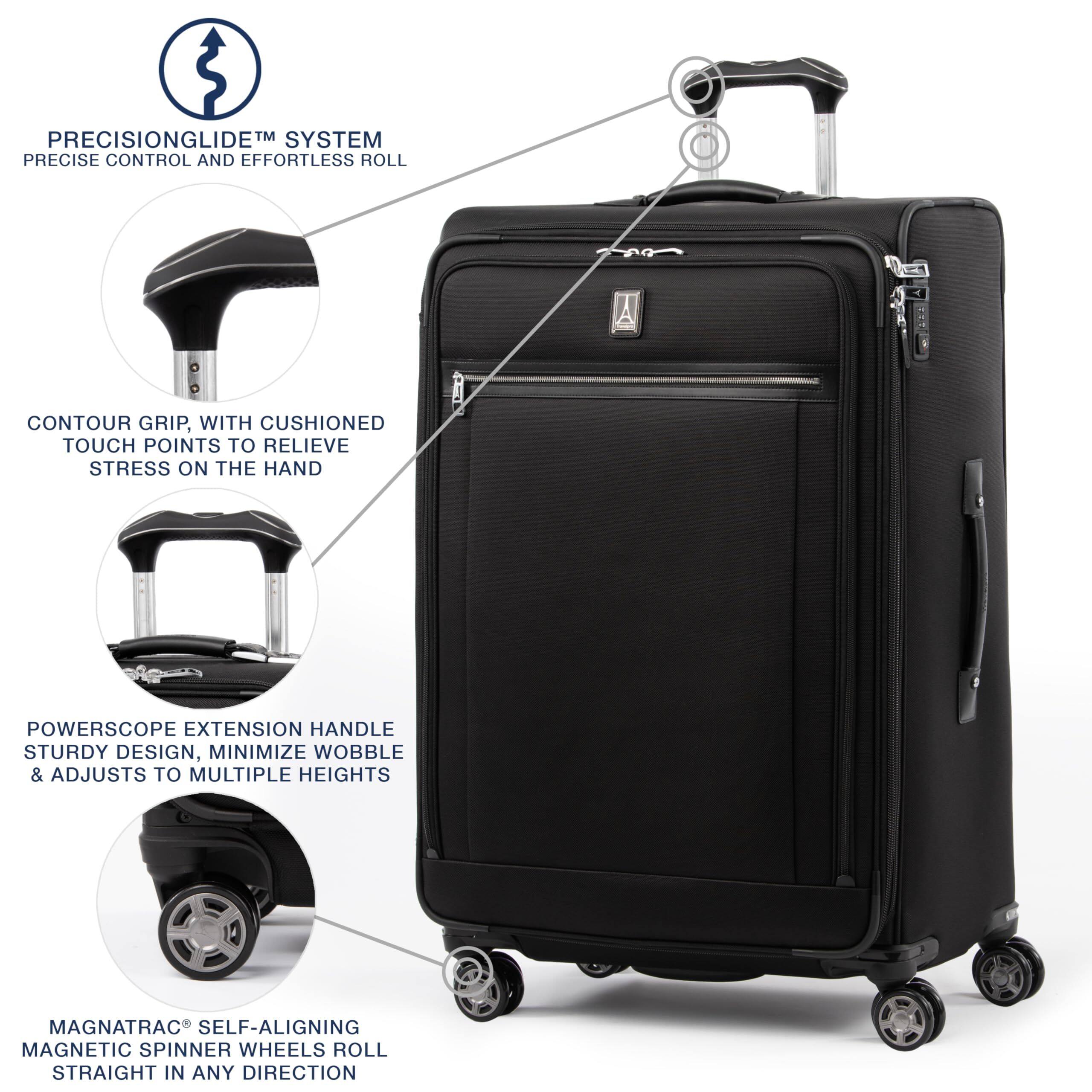 PRECISIONGLIDE™ SYSTEM  
PRECISE CONTROL AND EFFORTLESS ROLL  

CONTOUR GRIP, WITH CUSHIONED TOUCH POINTS TO RELIEVE STRESS ON THE HAND  

POWERSCOPE EXTENSION HANDLE  
STURDY DESIGN, MINIMIZE WOBBLE & ADJUSTS TO MULTIPLE HEIGHTS  

MAGNATRAC® SELF-ALIGNING MAGNETIC SPINNER WHEELS  
ROLL STRAIGHT IN ANY DIRECTION