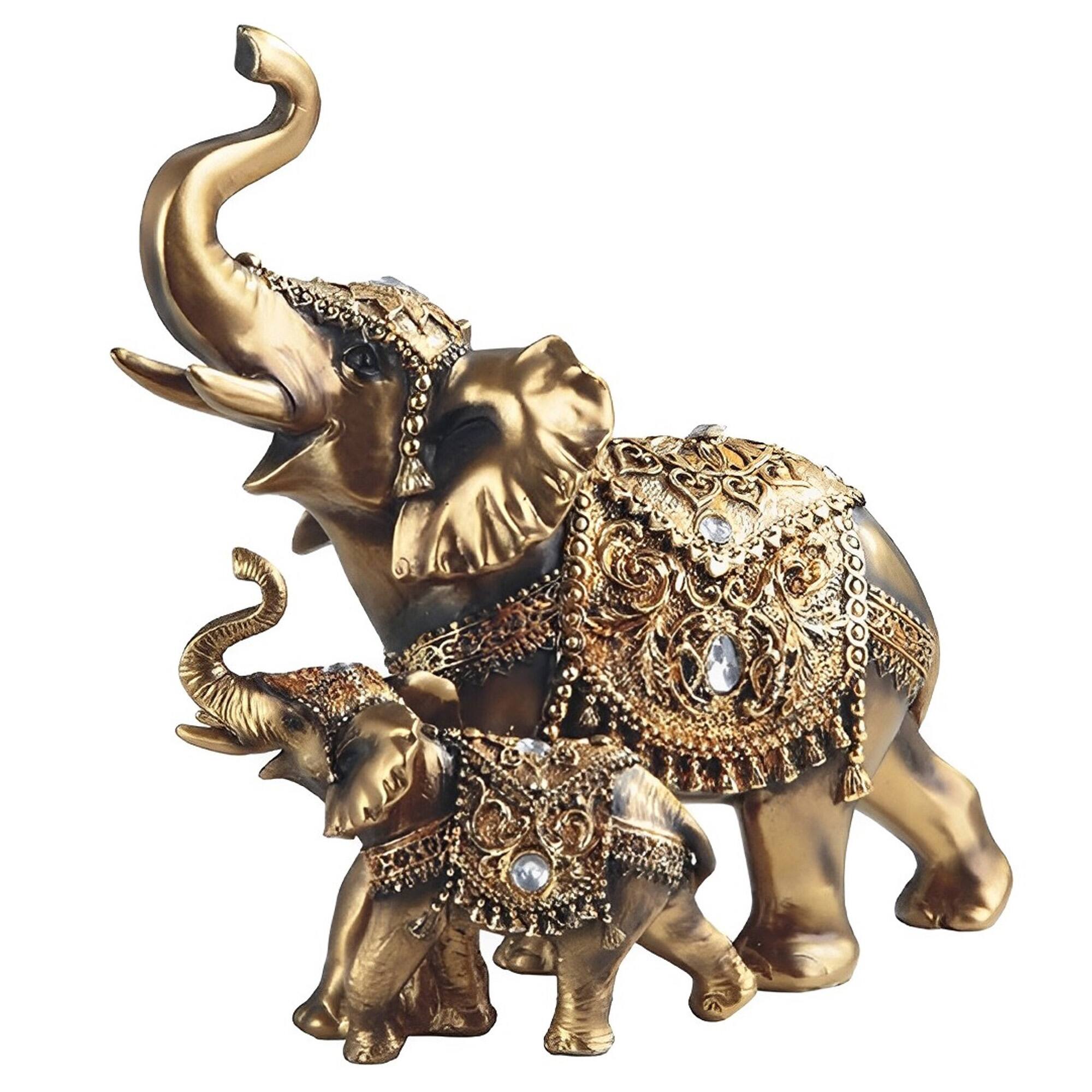 FC Design - 9.25"W Thai Elephant and Cub with Trunk Up Figurine Statue Office Desk Tabletop Home Decor Gift - Multi-Color