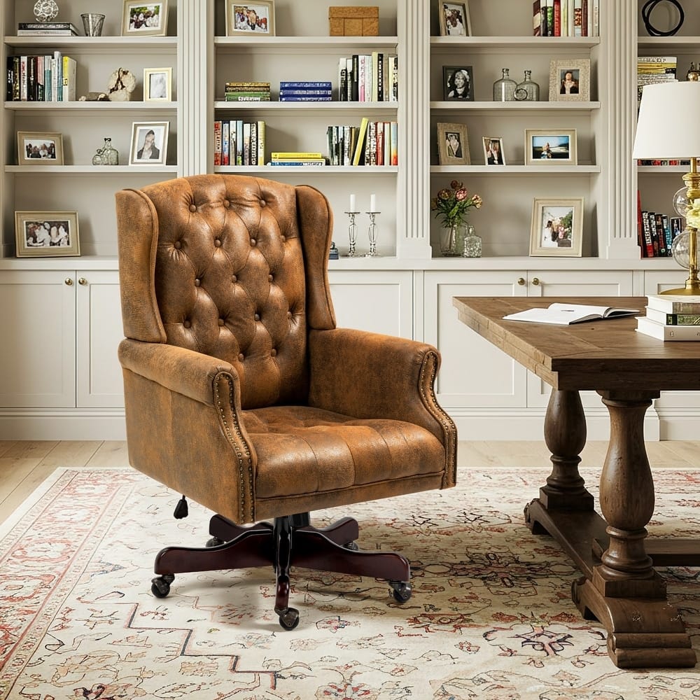 U-HOMY - High-Back Executive Wingback Office Chair – Ergonomic PU Leather Boss Chair with Swivel Base & Heavy-Duty Support - Brown2