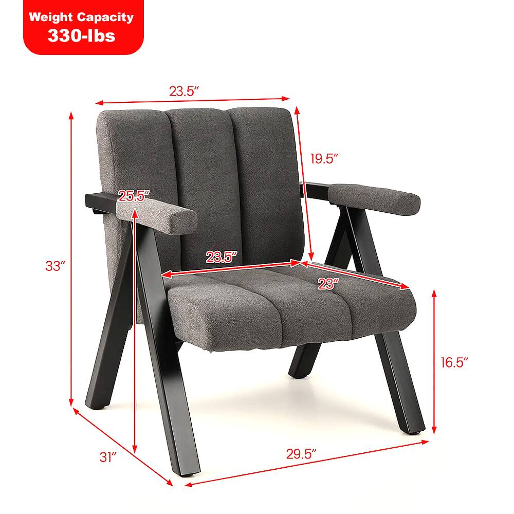 Weight Capacity: 330-lbs

Dimensions:
- Width: 23.5"
- Depth: 19.5"
- Height: 33"
- Seat Height: 16.5"
- Armrest Height: 25.5"
- Seat Depth: 23"
- Seat Width: 23.5"
- Overall Height: 31"
- Overall Depth: 29.5"