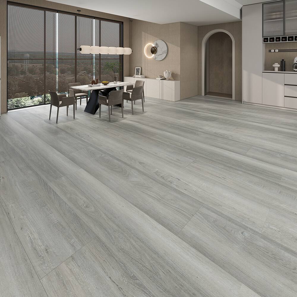 Left. Dotfloor - 62.6"x9" SPC Composite Flooring; 5 Planks/Box (19.56 sq. ft/Box); 8mm Thick with ; 30 mil Wear Layer; - Crosstown Traffic.