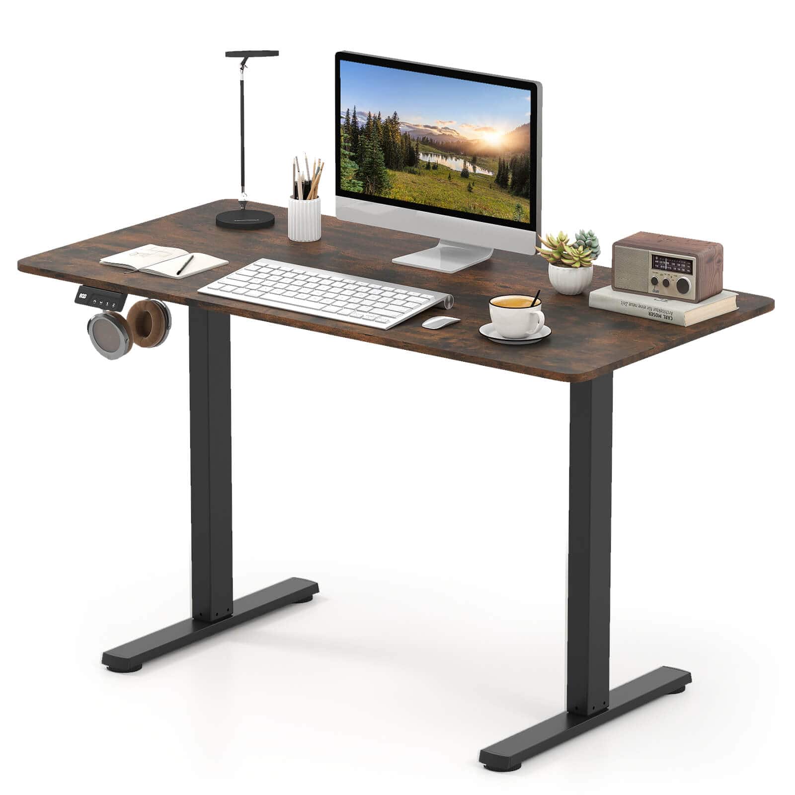 Costway - 48" x 24" Electric Standing Desk with LED Display 2 Memory Height Settings for Home - Rustic Brown+Black
