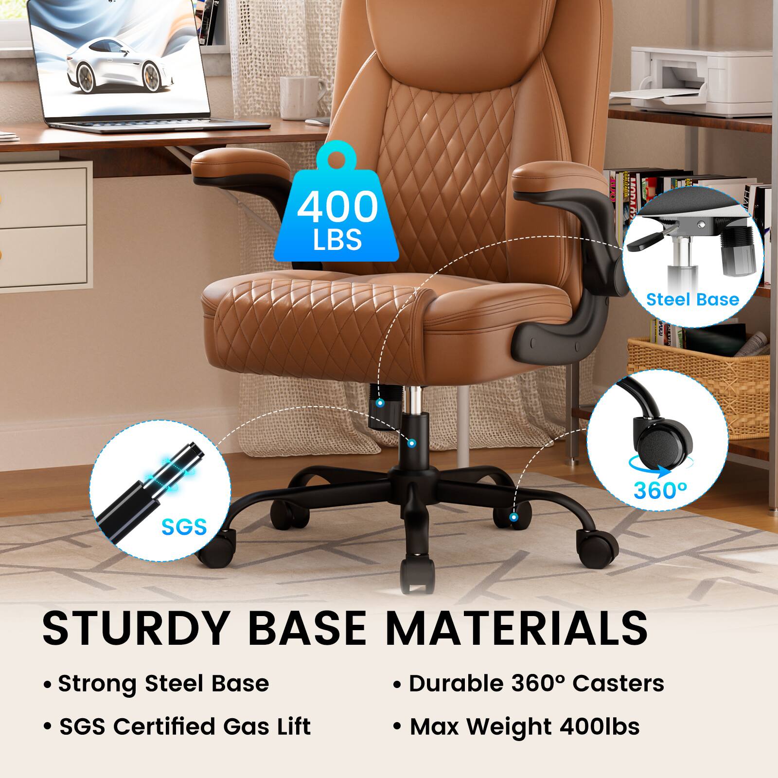 400 LBS  
E 1E10P UUTT C  
Steel Base  
360 SGS  
STURDY BASE MATERIALS  
Strong Steel Base  
Durable 360 Casters  
SGS Certified Gas Lift  
Max Weight 400lbs