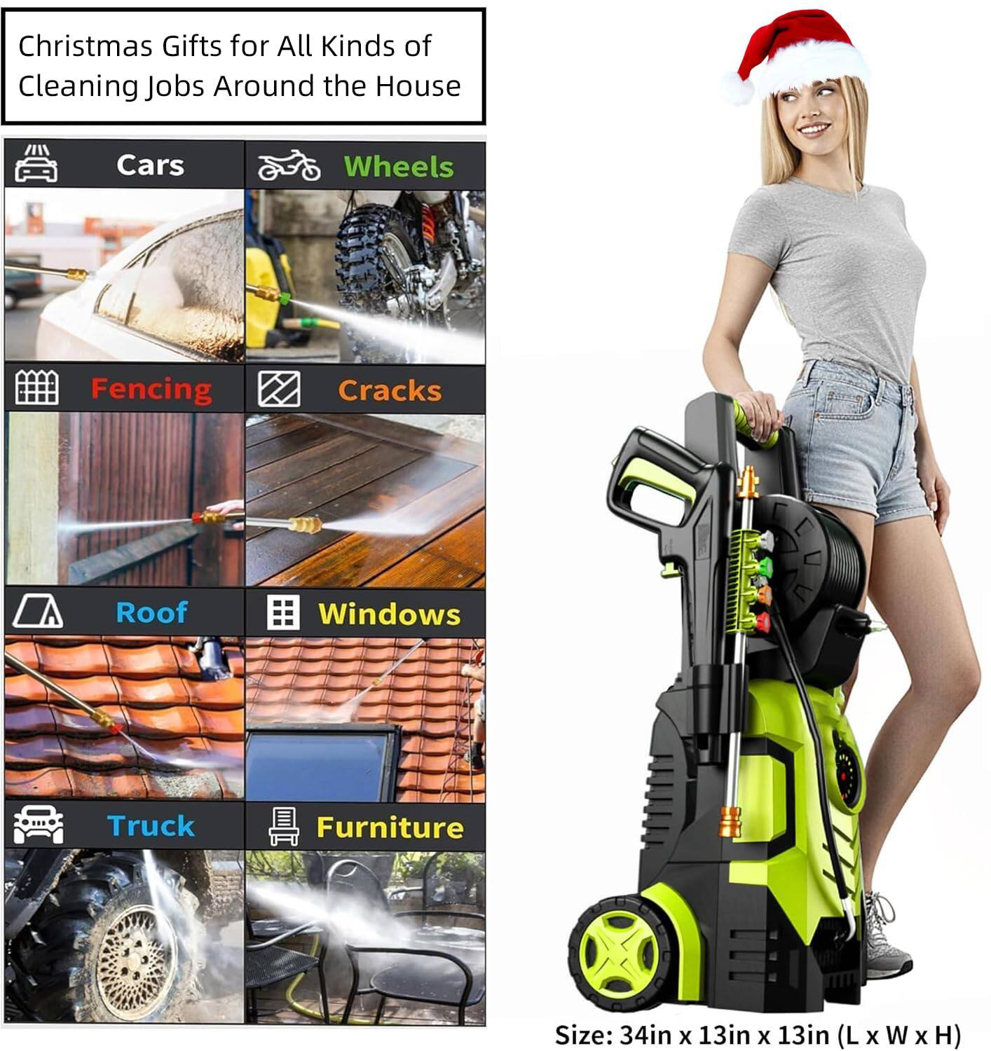 Christmas Gifts for All Kinds of Cleaning Jobs Around the House

Cars  
Wheels  
Fencing  
Cracks  
Roof  
Windows  
Truck  
Furniture  

Size: 34in x 13in x 13in (L x W x H)