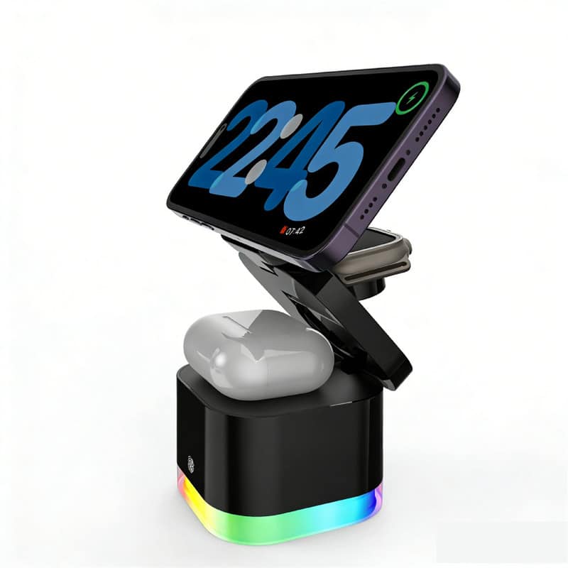 RISOKEYS - Power Adapter - 15W Magnetic 3-in-1 Wireless Charging Stand - Foldable Wireless Charger with Multi-Function - Black