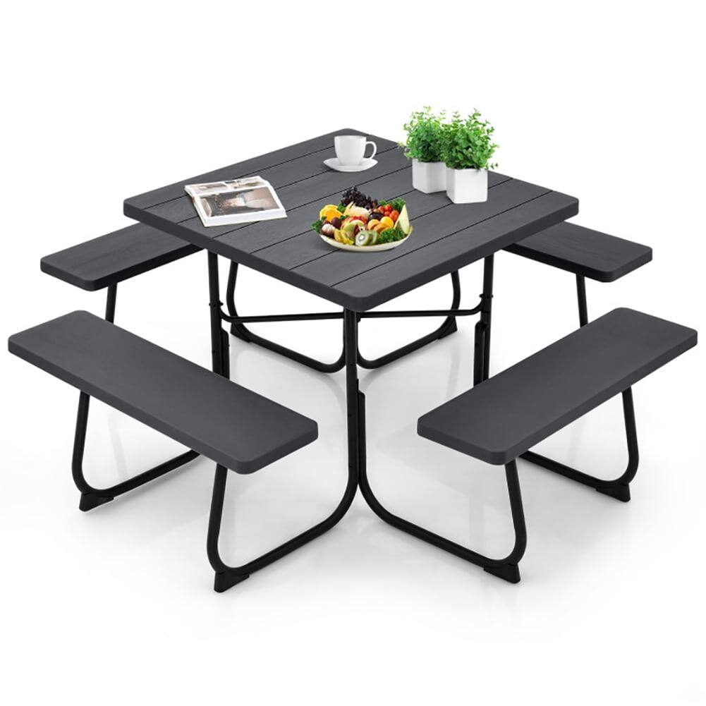 Alt View 2. Kadyn - waterproof Metal, HDPE Picnic Table with 4 Benches and Umbrella Hole, Black - Black.
