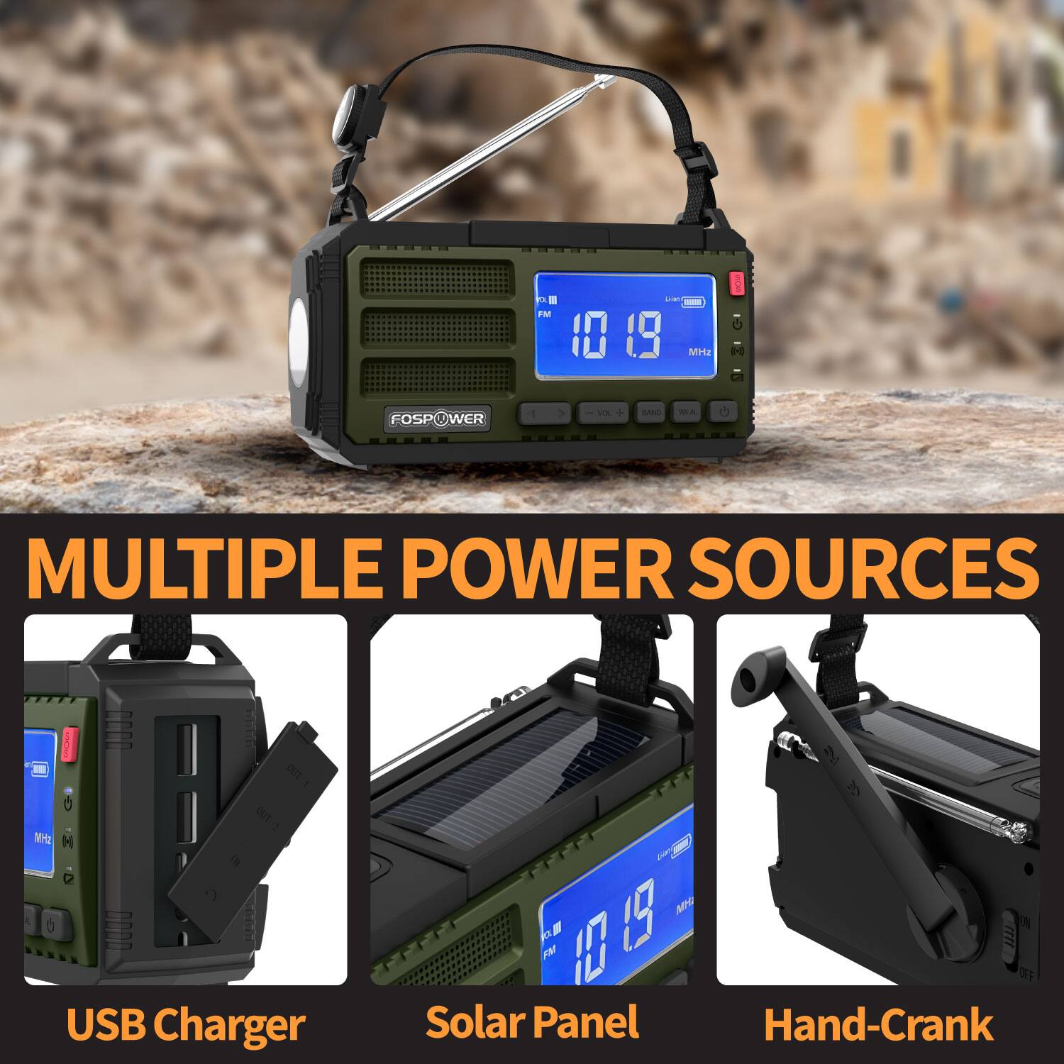 2. EN - 119 Ha D FOSP WER 1 - s - MULTIPLE POWER SOURCES - aUT an MH2 H A USB Charger 19 F FM Solar Panel Hand-Crank