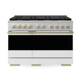 ZLINE - Autograph 48 in. 6.7 cu. ft. Marino Dual Fuel Freestanding Range w/ 8 Burners in Satin Steel w/ White & Bronze Accents - Satin Stainless Steel