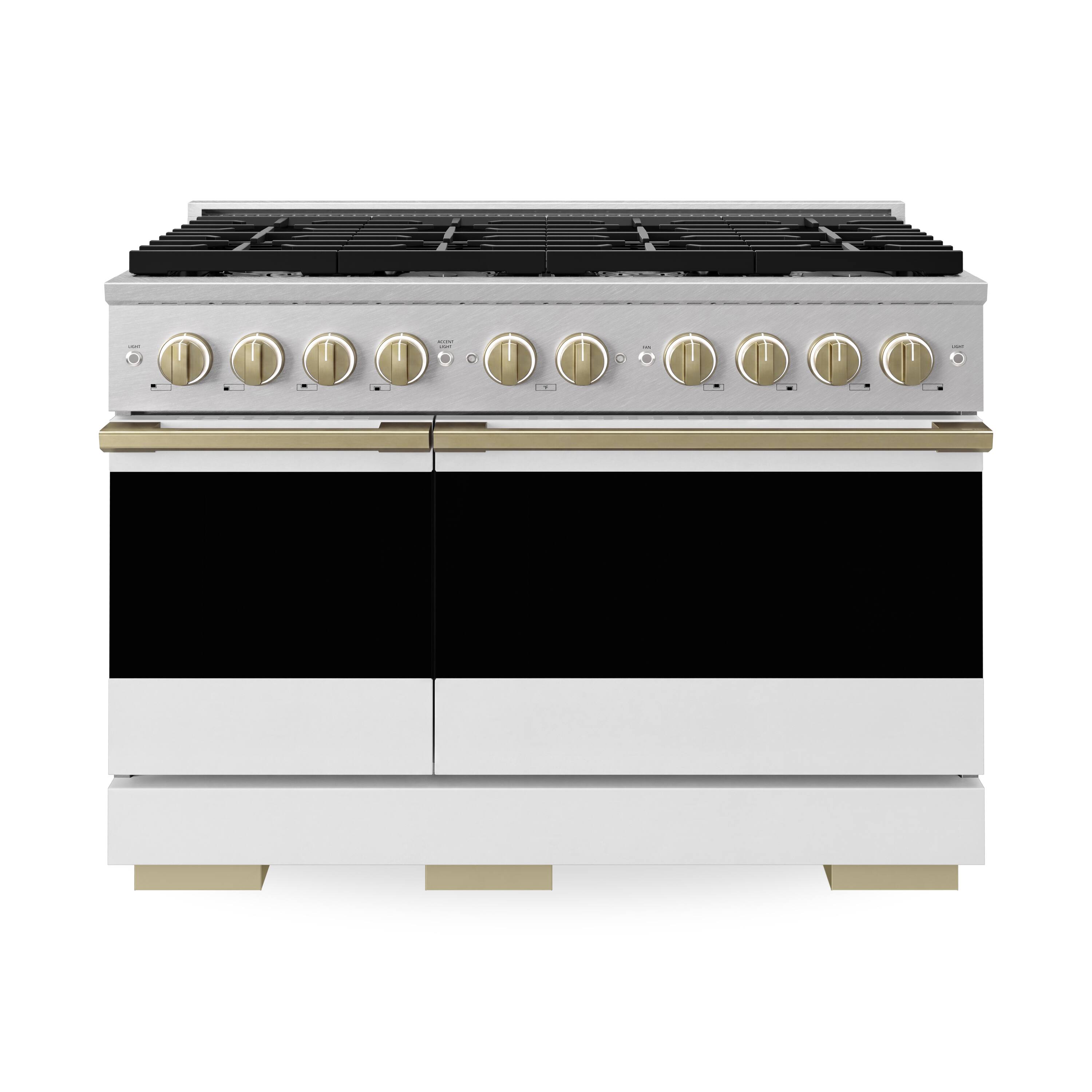 Front. ZLINE - Autograph 48 in. 6.7 cu. ft. Marino Dual Fuel Freestanding Range w/ 8 Burners in Satin Steel w/ White & Bronze Accents - Satin Stainless Steel.