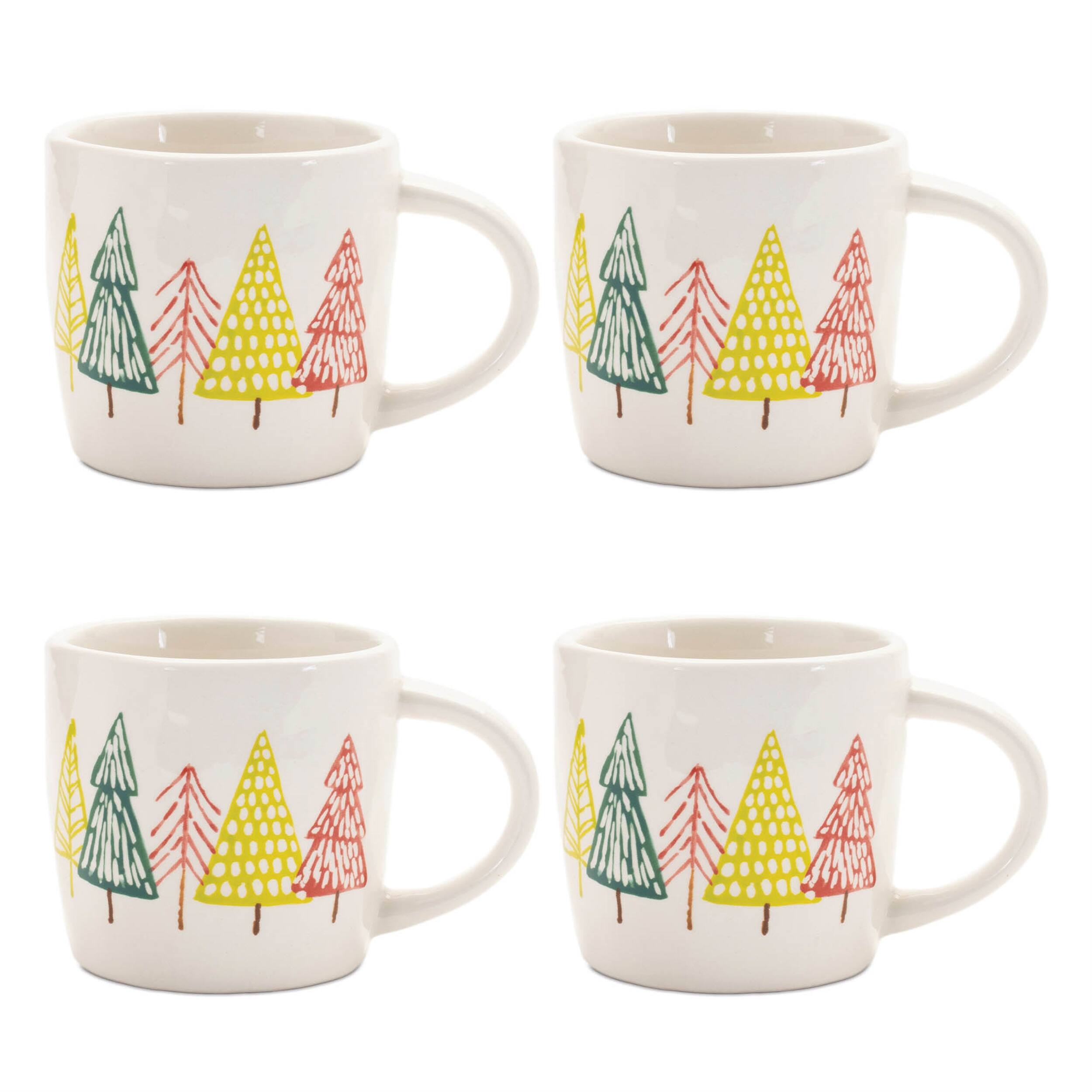 Angle. BreeBe - Ceramic Pine Tree Print Mug (Set of 4) - White, Green, Red.