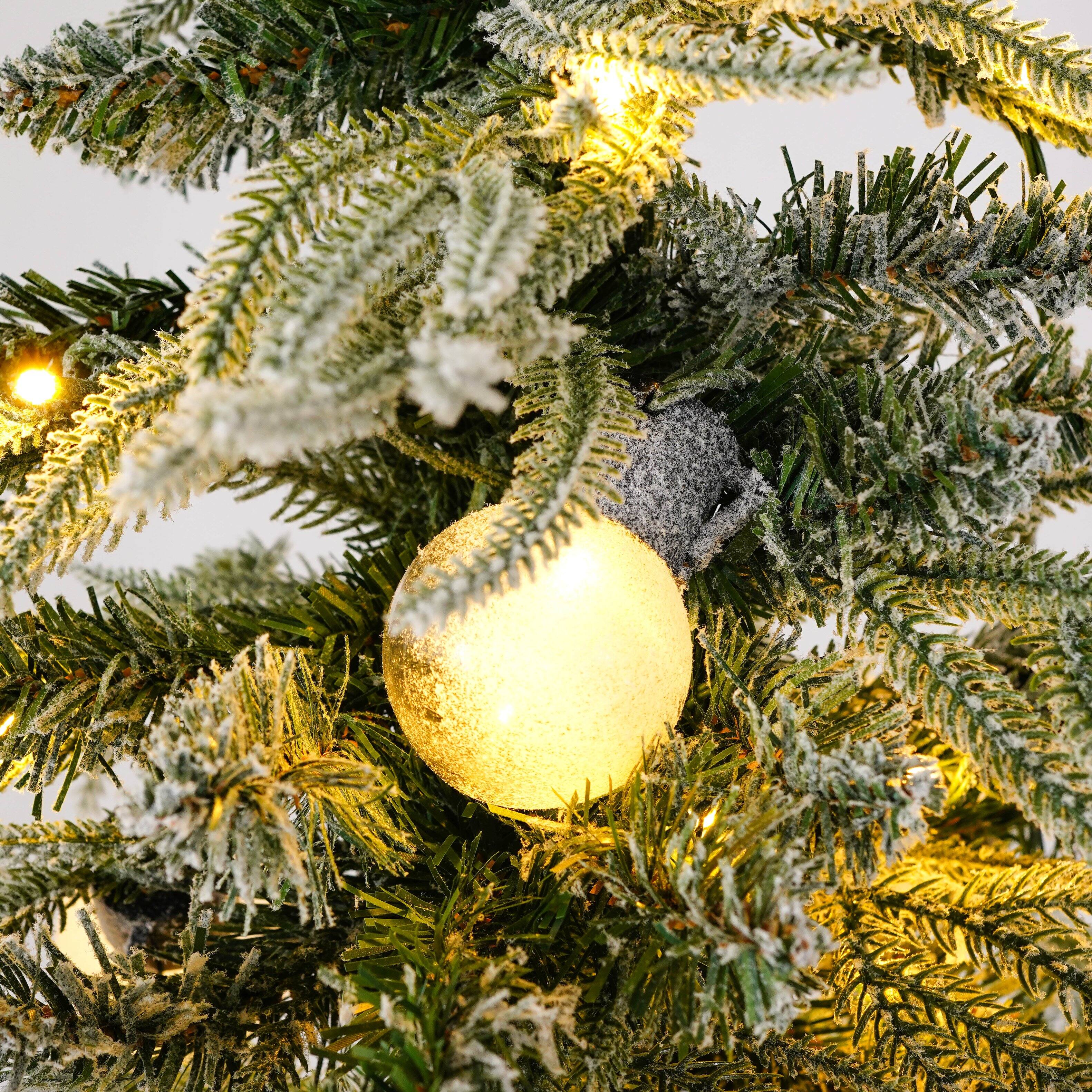 Left. Jandcase - 5FT Pre-Lit Spruce Snow Flocked Christmas Tree, Artificial Hinged Xmas Tree with LED Lights, Holiday Office Home Décor - White+Green.