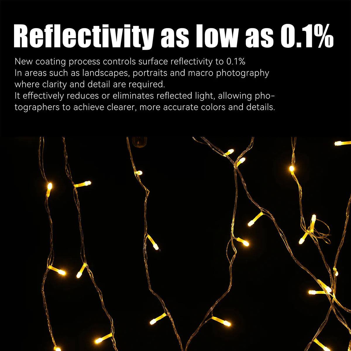 Reflectivity as low as 0.1%  
New coating process controls surface reflectivity to 0.1%  
In areas such as landscapes, portraits and macro photography where clarity and detail are required.  
It effectively reduces or eliminates reflected light, allowing photographers to achieve clearer, more accurate colors and details.
