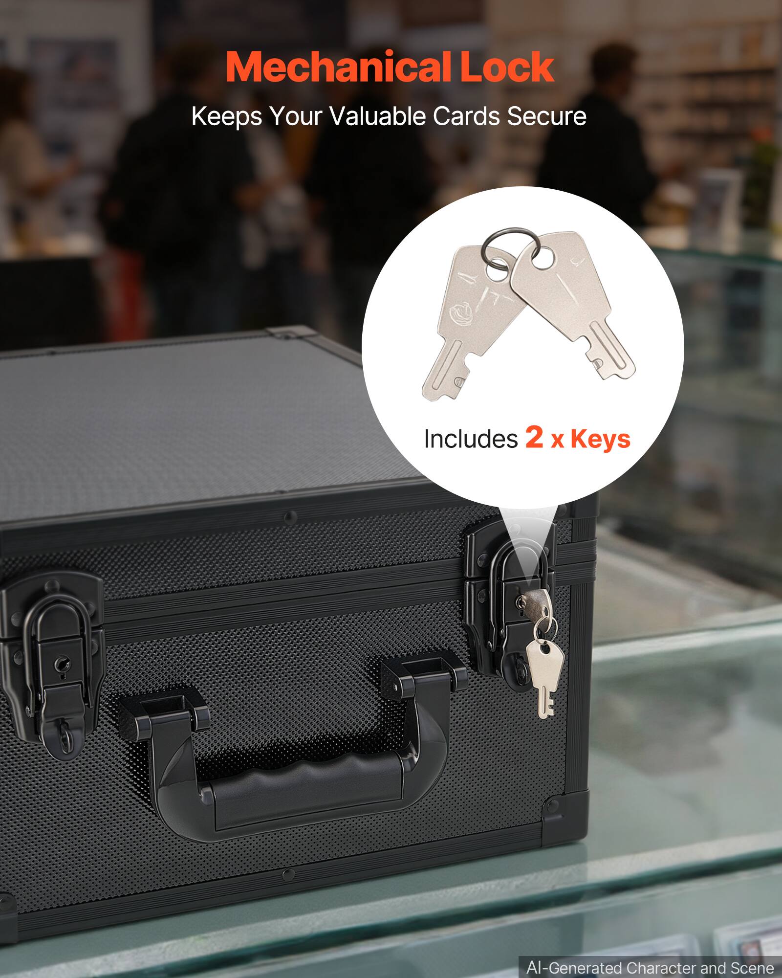 Mechanical Lock Keeps Your Valuable Cards Secure  
Includes 2 x Keys  
AI-Generated Character and Scene