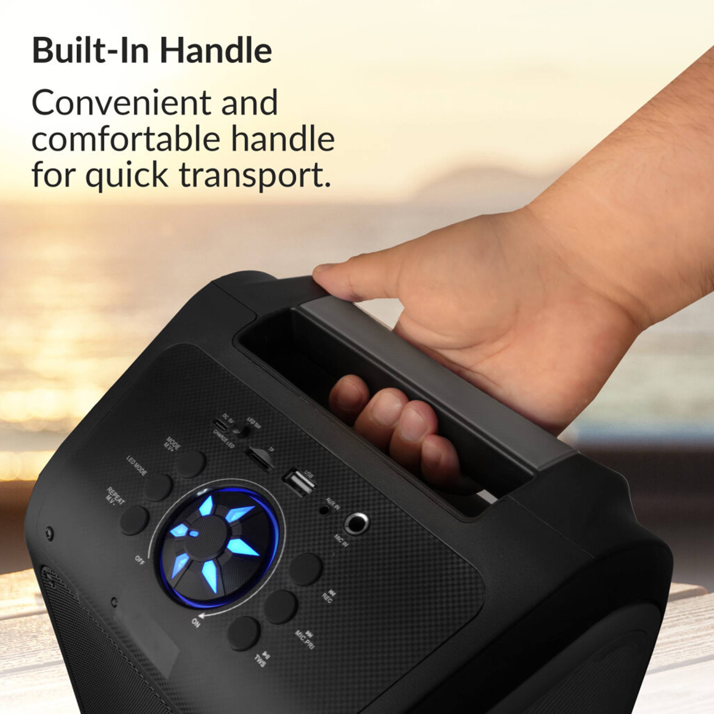 Built-In Handle  
Convenient and comfortable handle for quick transport.  

LEO-MODE R  
REPEAT  
M MODE  
- ottc -  
- ALIUm OFF - ON  
TWS 4 - NO - MIC.PR  
PRI